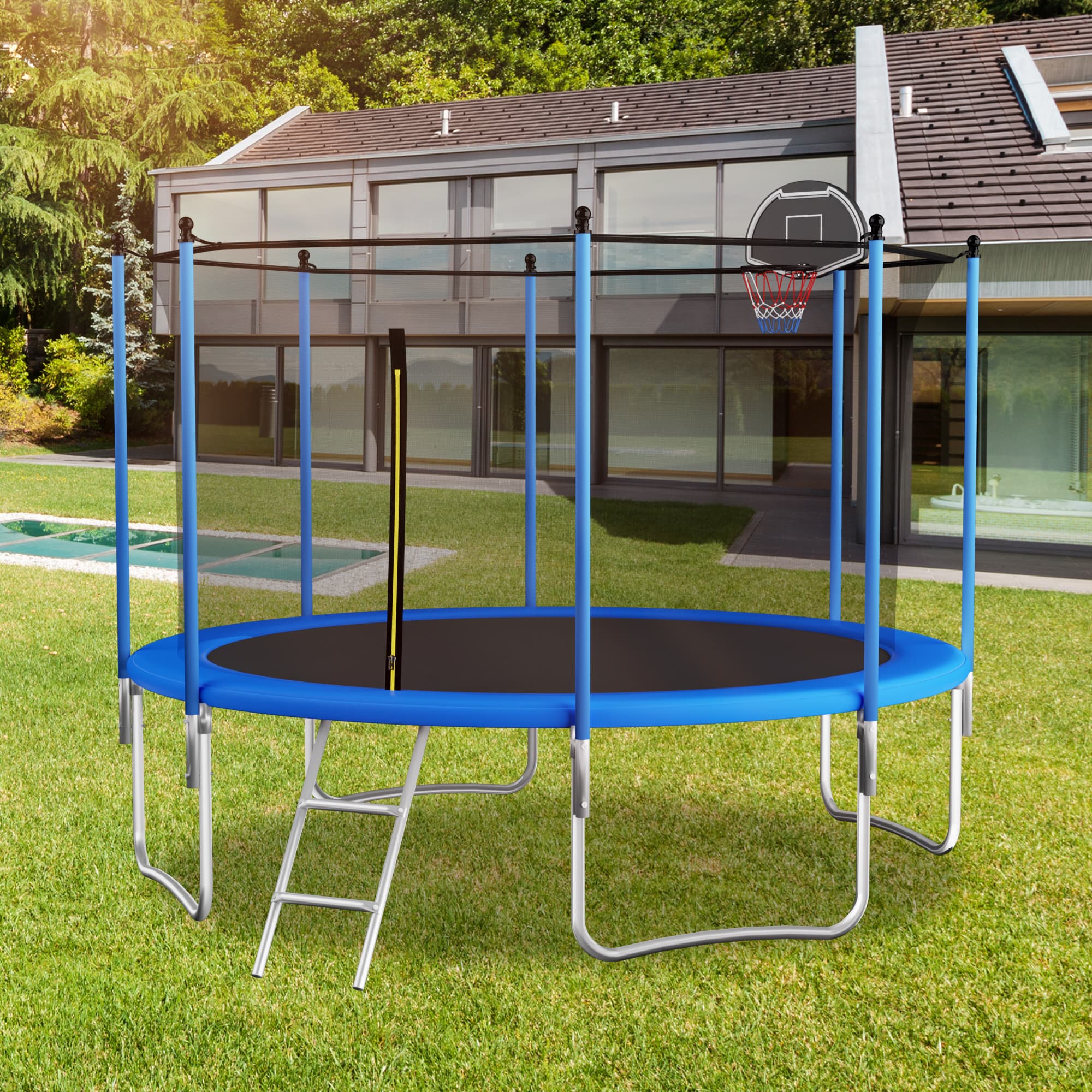 Outdoor Trampoline with Basketball Hoop and Safety Net, Heavy Duty Rebounder with Weatherproof Steel Frame, 366L x 366W x 76H cm, Blue | Aosom UK thumbnail 4