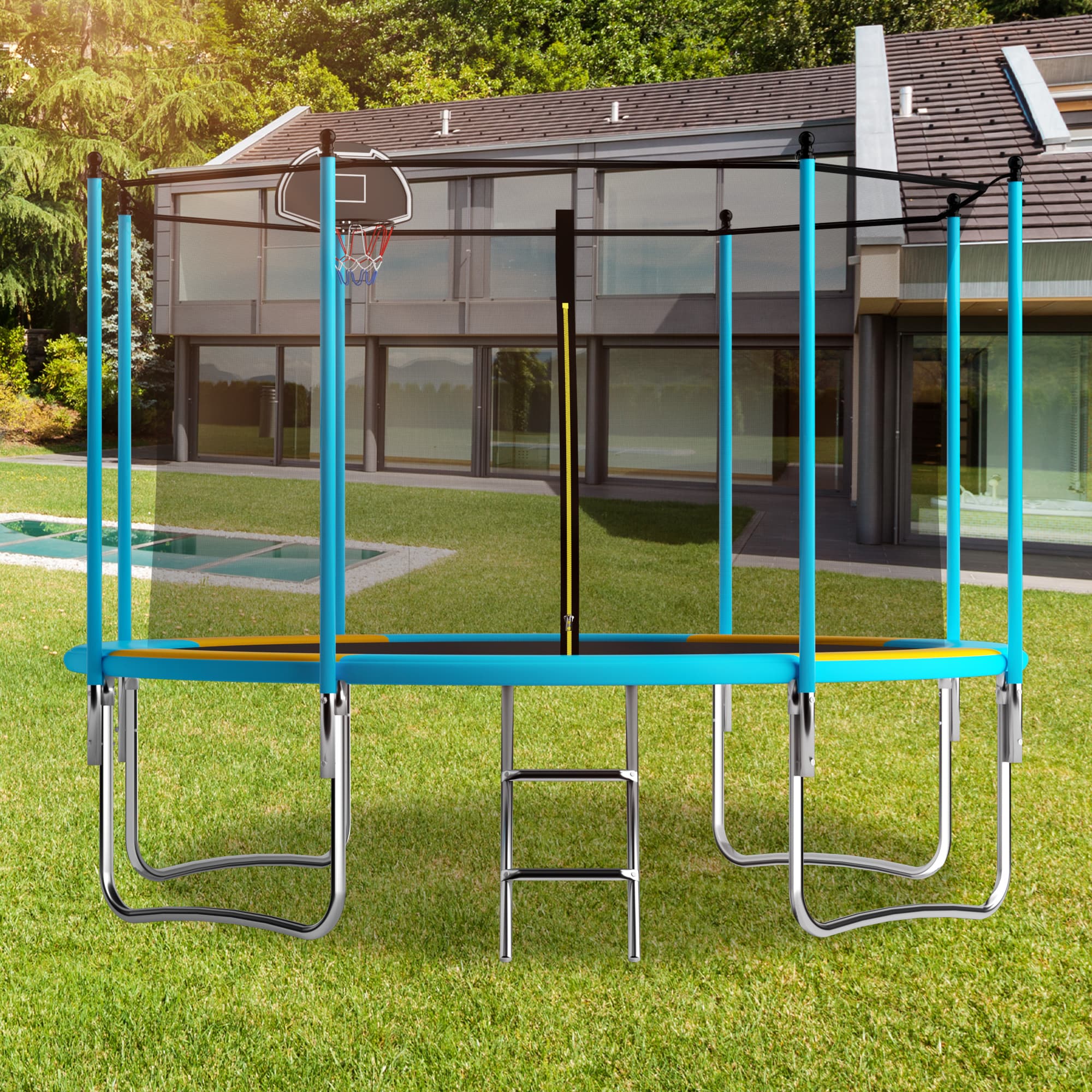Outdoor Trampoline with Basketball Hoop and Safety Net, Heavy Duty Rebounder with Weatherproof Frame, 366L x 366W x 76H cm, Blue+Orange | Aosom UK
