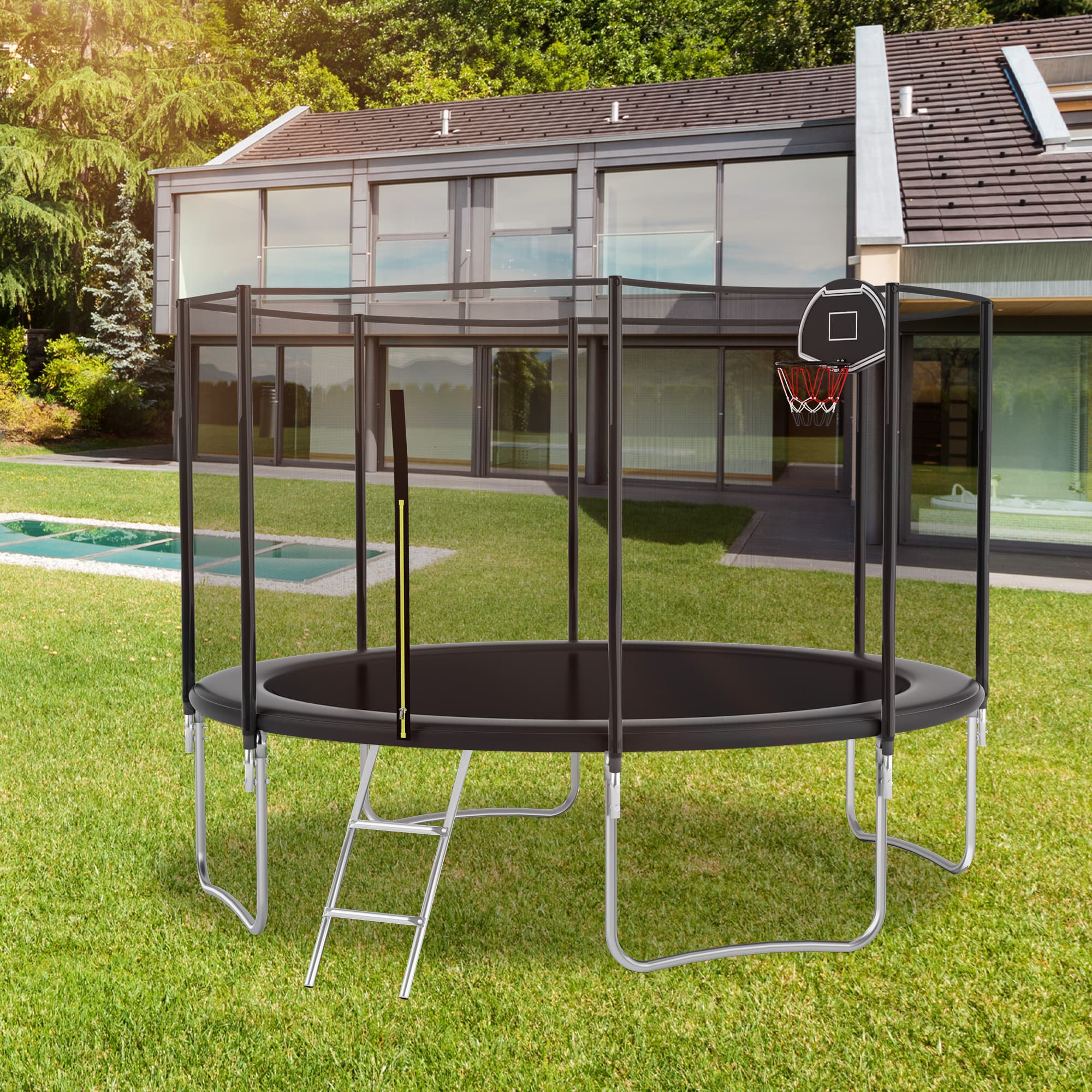 Outdoor Trampoline with Basketball Hoop and Safety Net, Heavy Duty Rebounder with Weatherproof Steel Frame, 366L x 366W x 76H cm, Black | Aosom UK thumbnail 2