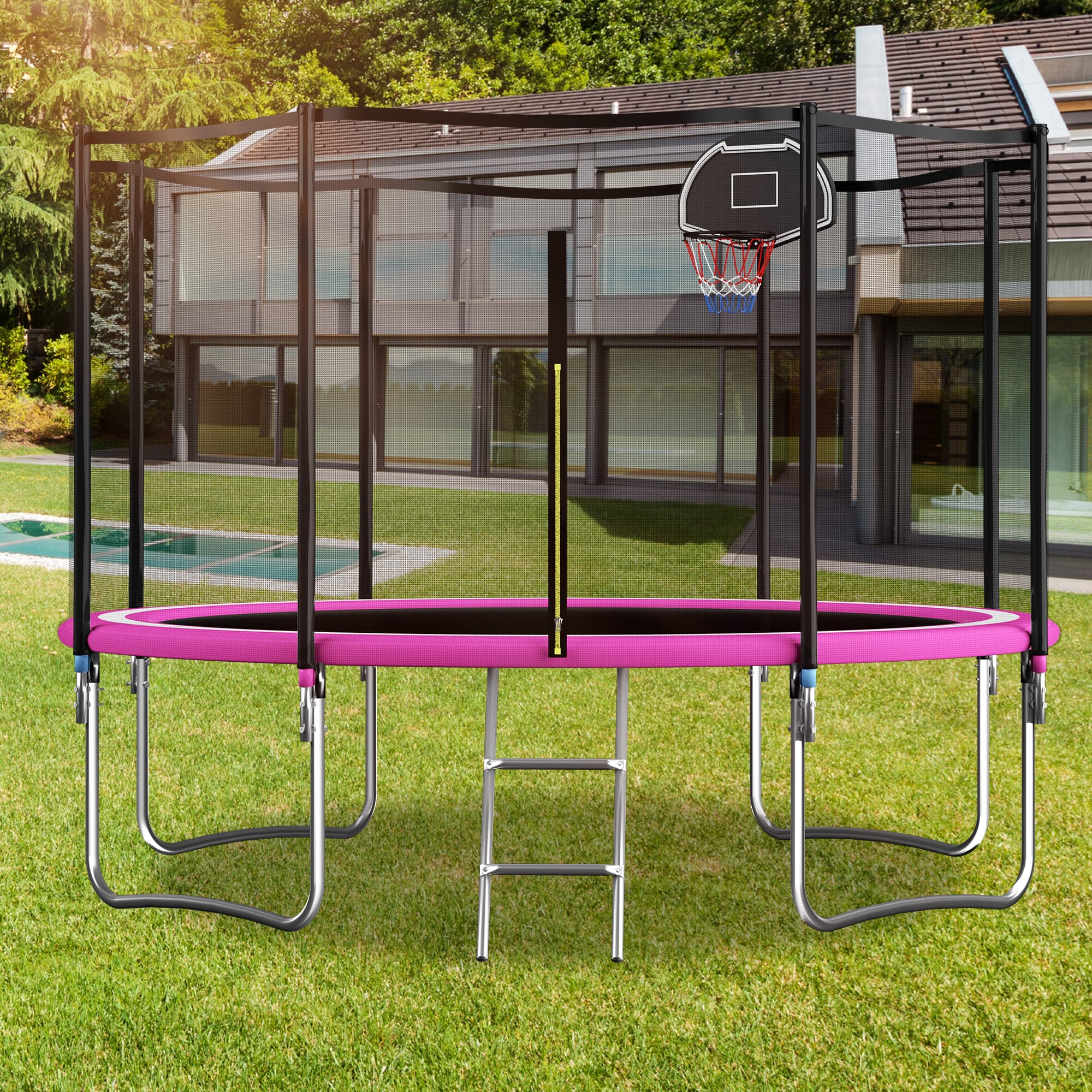 Outdoor Trampoline with Basketball Hoop and Safety Net, Heavy Duty Rebounder with Weatherproof Steel Frame, 366L x 366W x 76H cm, Pink | Aosom UK thumbnail 2