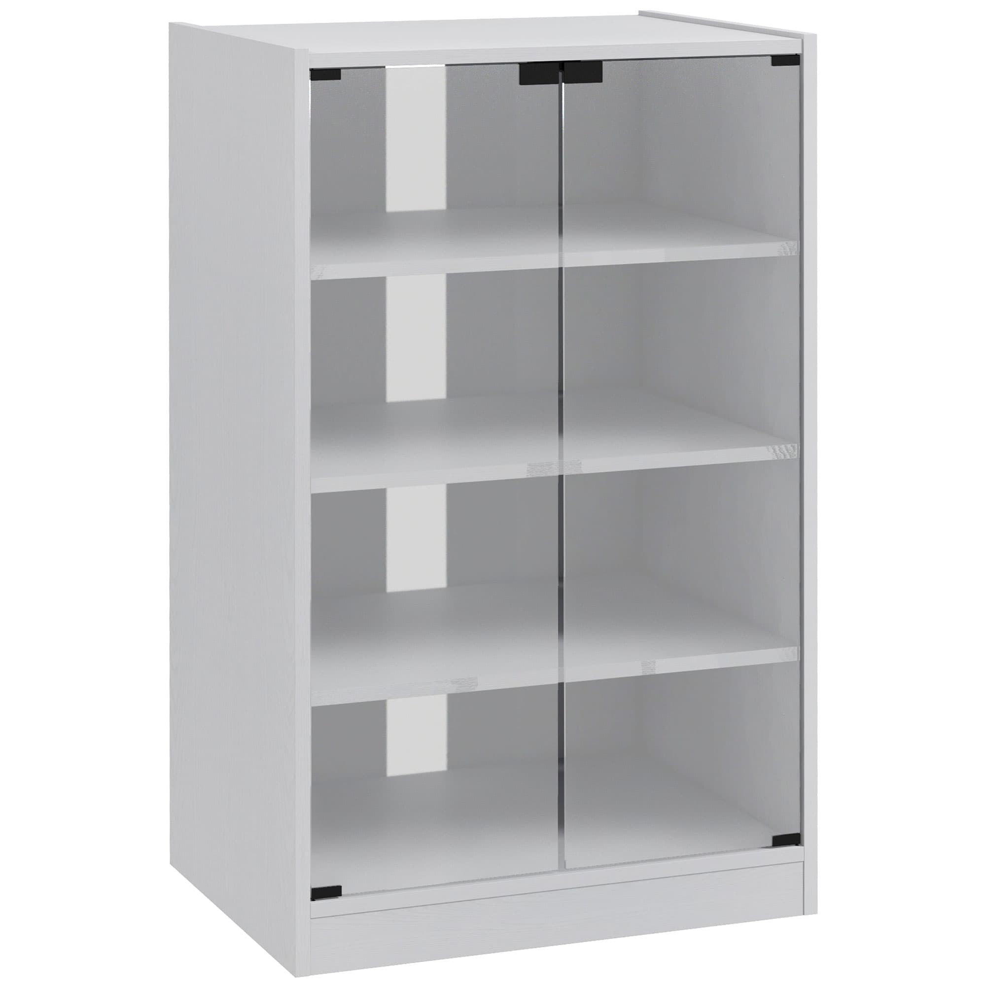 HOMCOM 4-Tier Hi-Fi Stand,  Record Player Stand with Adjustable Shelves and Push-to-Open Glass Doors, White Wood-Effect