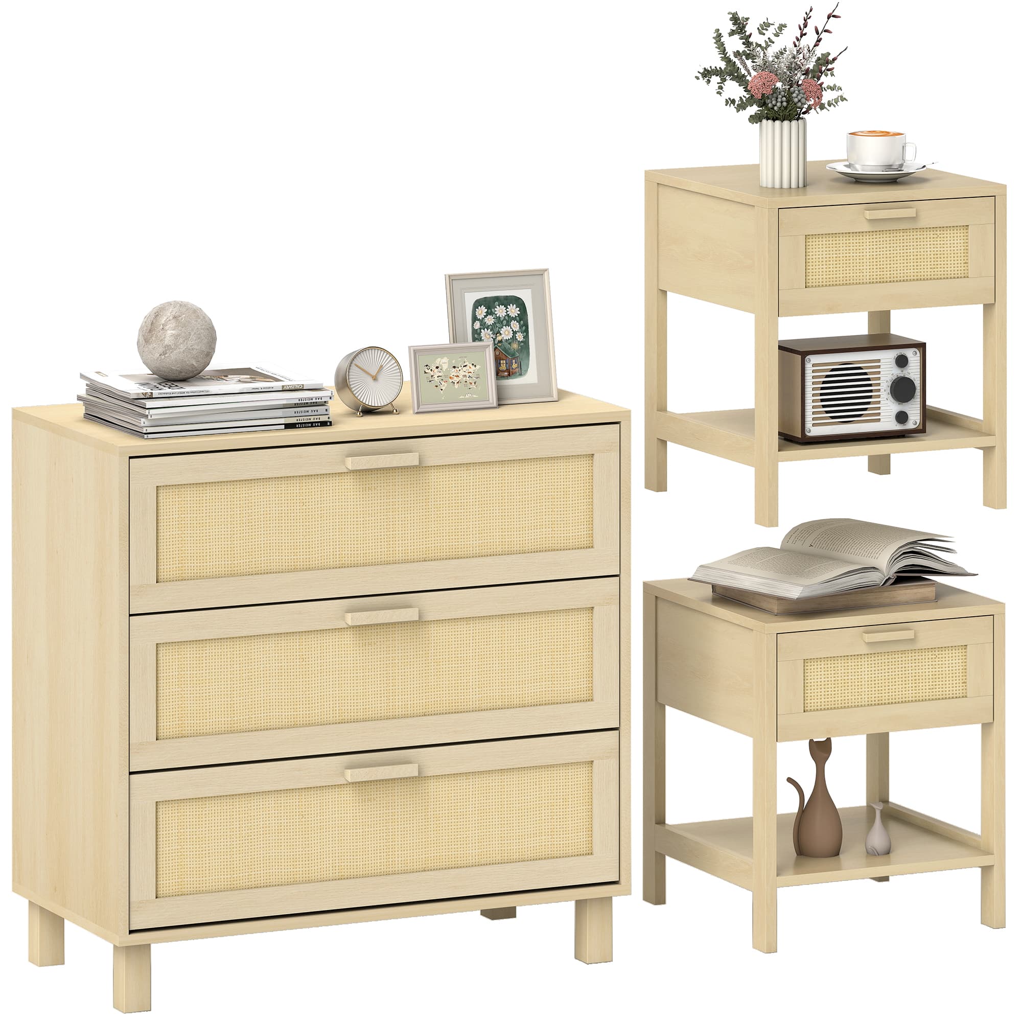 HOMCOM Chest of Drawer and Nightstands, Boho Rattan Furniture Set, Nature Wood Finish