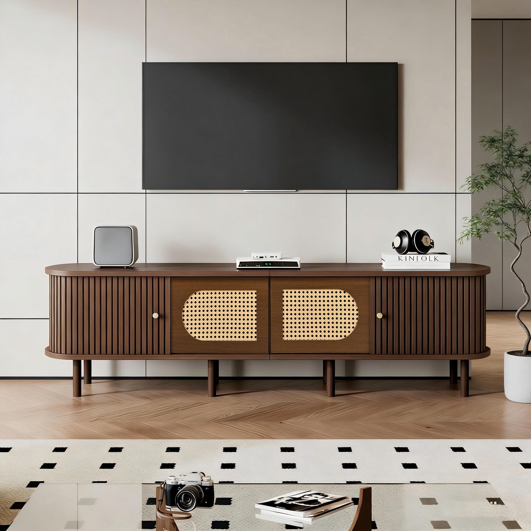 Stylish Oval TV Cabinet with Rattan-Style Fronts, Sturdy Lowboard with 30 kg Load Capacity, 180L x 40W x 40H cm, Walnut | Aosom UK