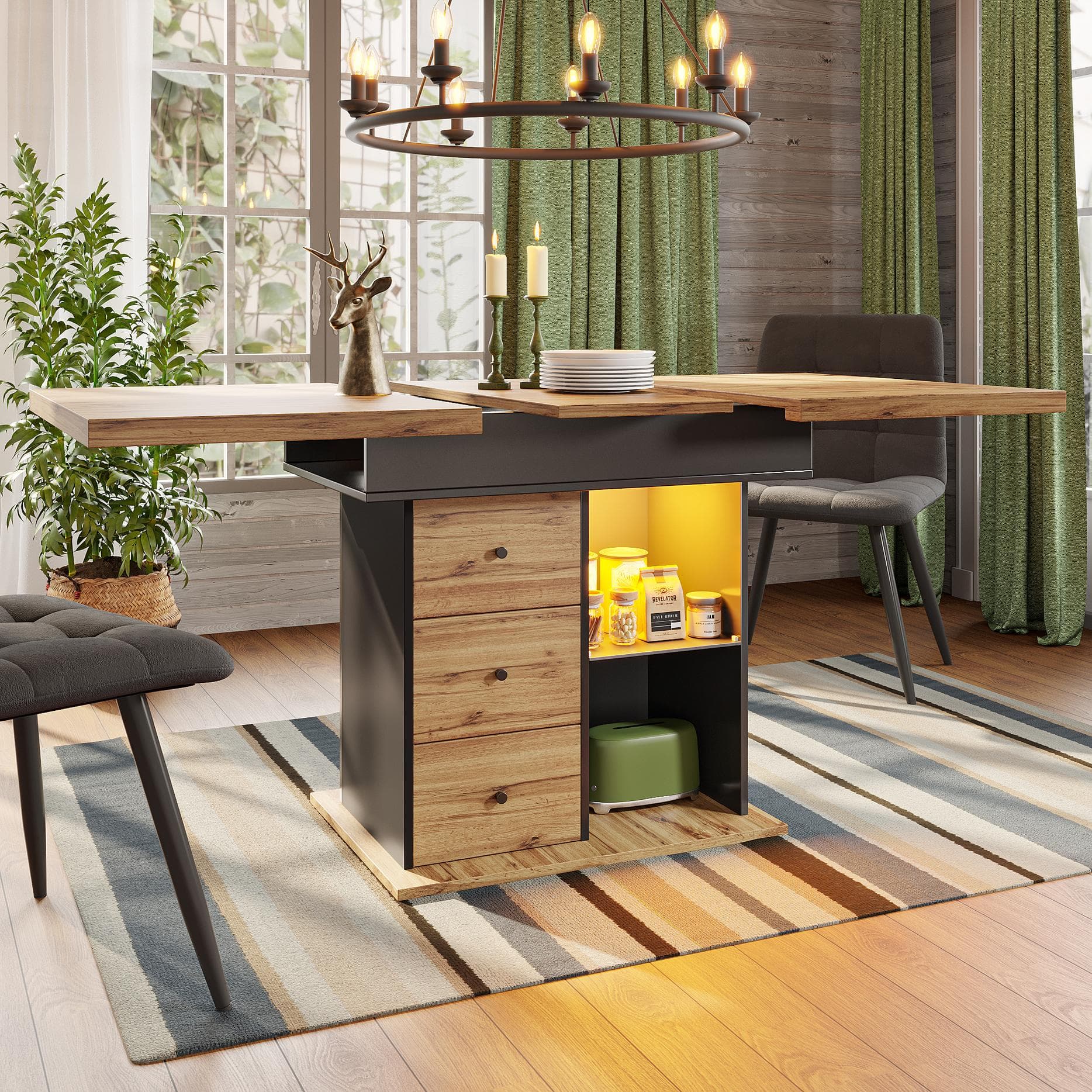 Telescopic Dining Table with App-Controlled LED Lighting, Modern Extension Table with Built-In Storage, 140L x 80W x 75H cm, Black+Natural | Aosom UK