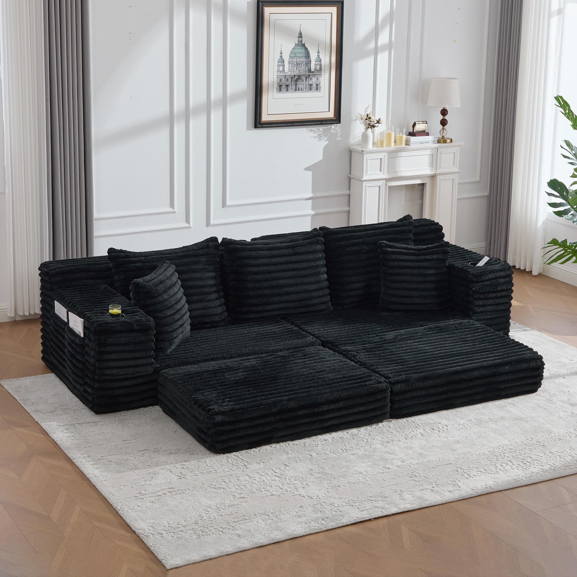 Convertible Sofa Bed with High Backrest and Extra Pillow, Ribbed Corduroy Couch with Dual Side Pockets, 107.5L x 38.5W x 34H cm, Black | Aosom UK