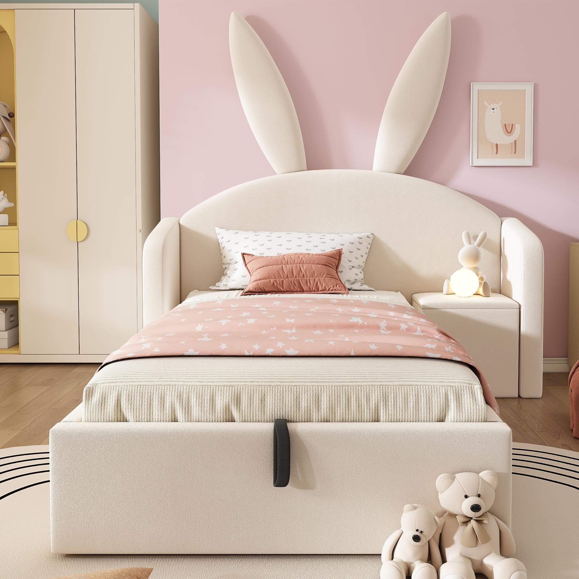 Bunny Ears Children's Single Bed with Hydraulic Lift Storage, Plush Velvet Bed Frame with Wooden Slatted Base, 206L x 149W x 143H cm, Beige | Aosom UK