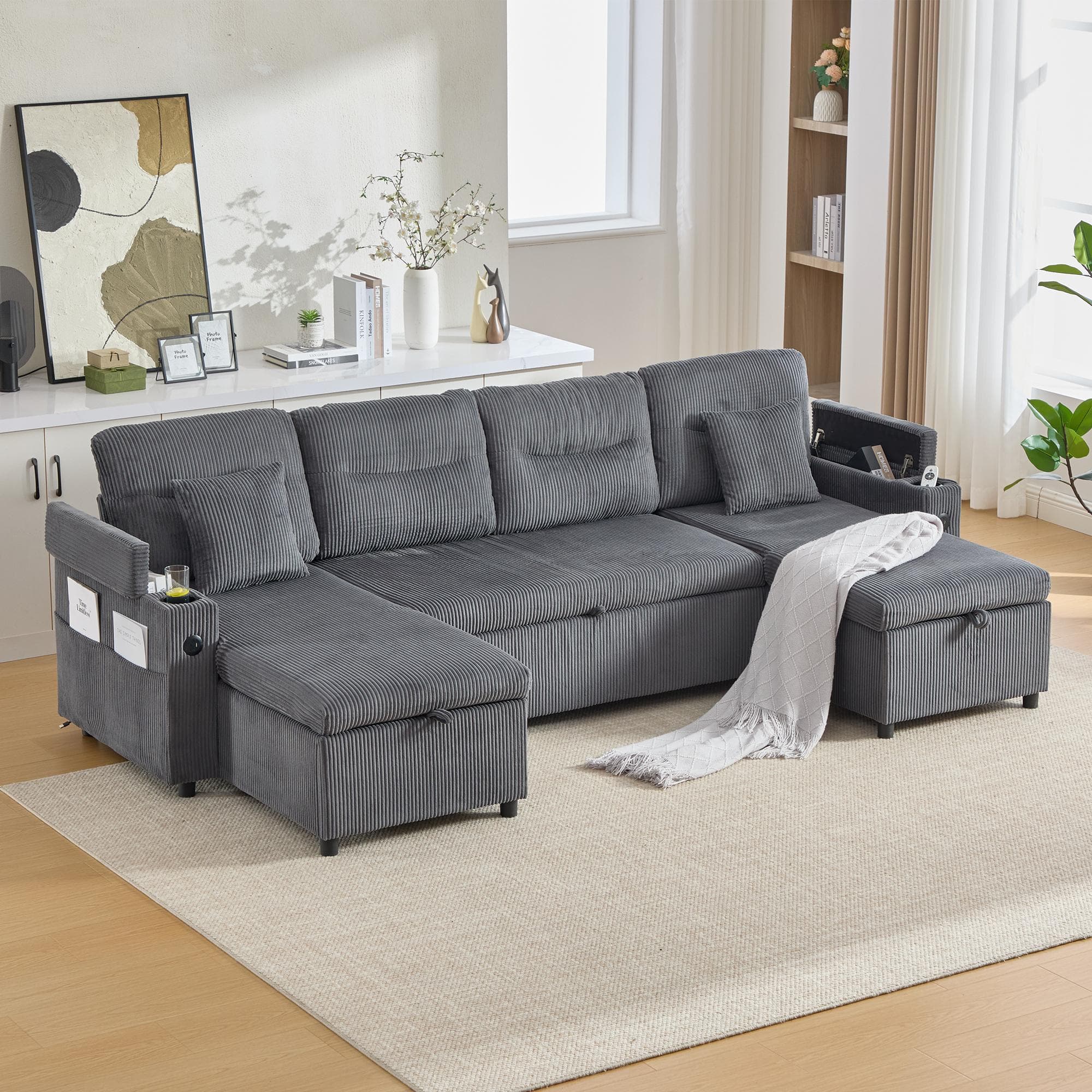 Contemporary 4-Seater Sofa with 2 Chaise Longues, Ribbed Corduroy Couch with Built-In Cup Holders, 272L x 136W x 86H cm, Charcoal grey | Aosom UK