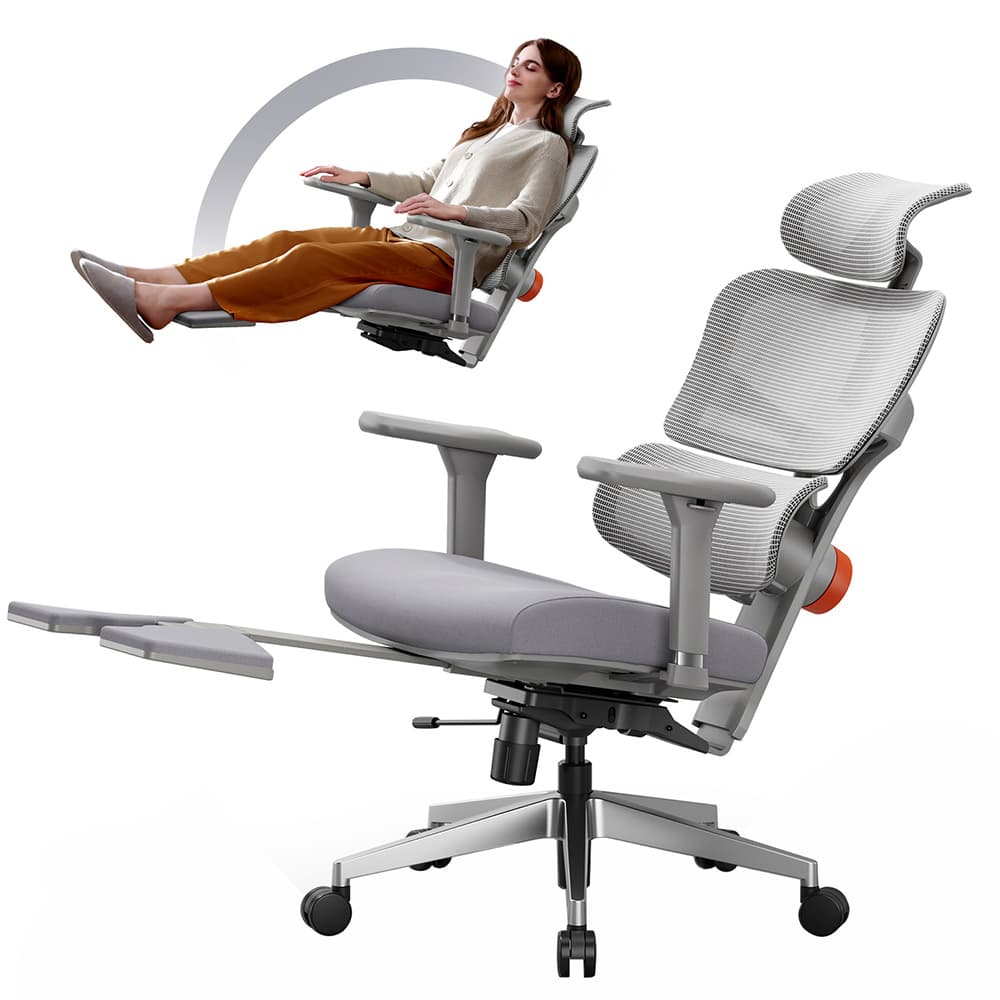 NEWTRAL NT002 Fotel ergonomiczny, adaptacyjne podparcie dolnej części pleców, regulowany podłokietnik, zagłówek, podnóżek, szary