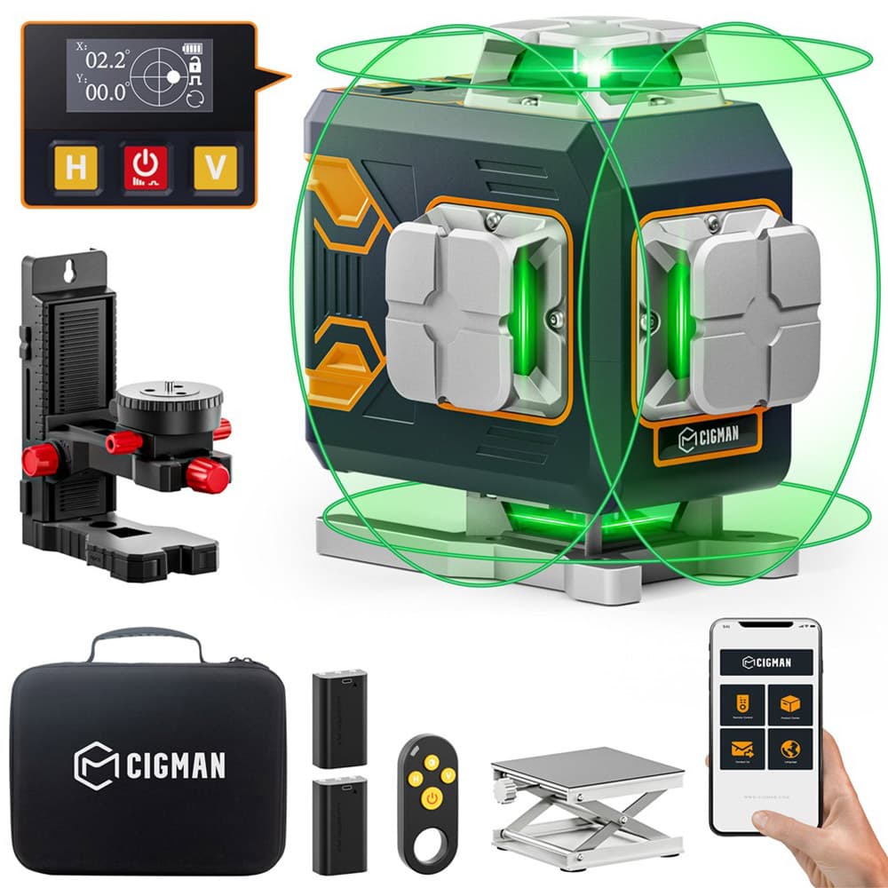 CIGMAN CM-S02 4x360° 16 linii laserowych, sterowanie APP, ekran LCD, 40 godzin ultra czasu pracy