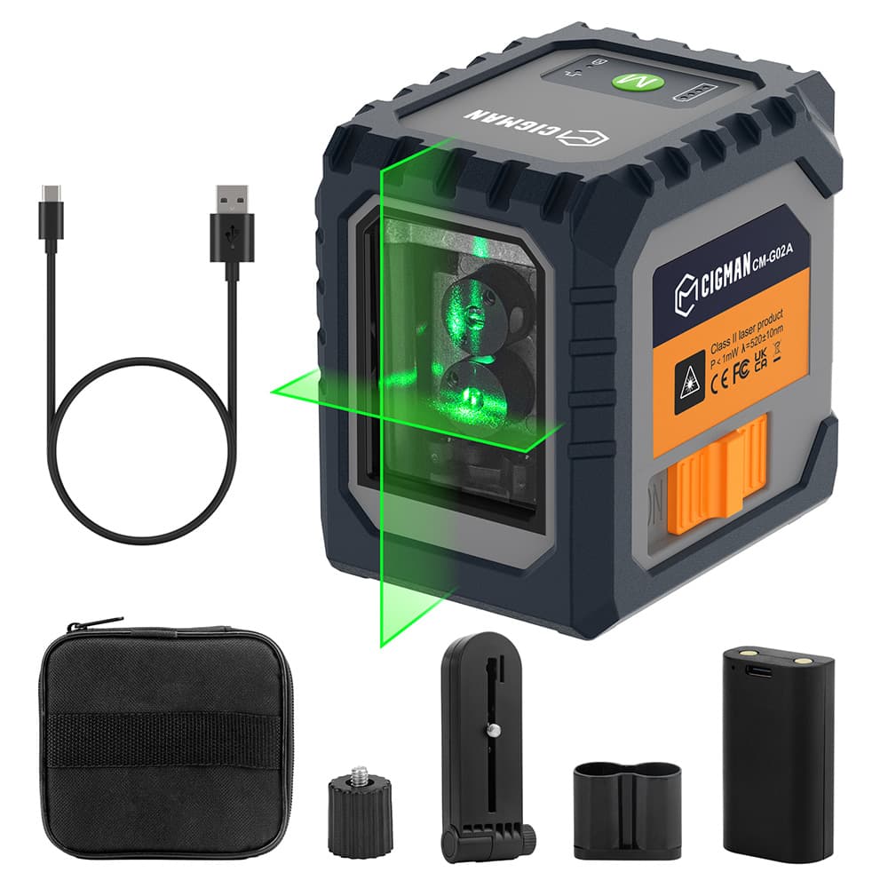 CIGMAN CM-G02A 2-liniowy poziom laserowy, wybieralne linie laserowe, akumulator, widoczność 100 stóp, obrotowy o 360°