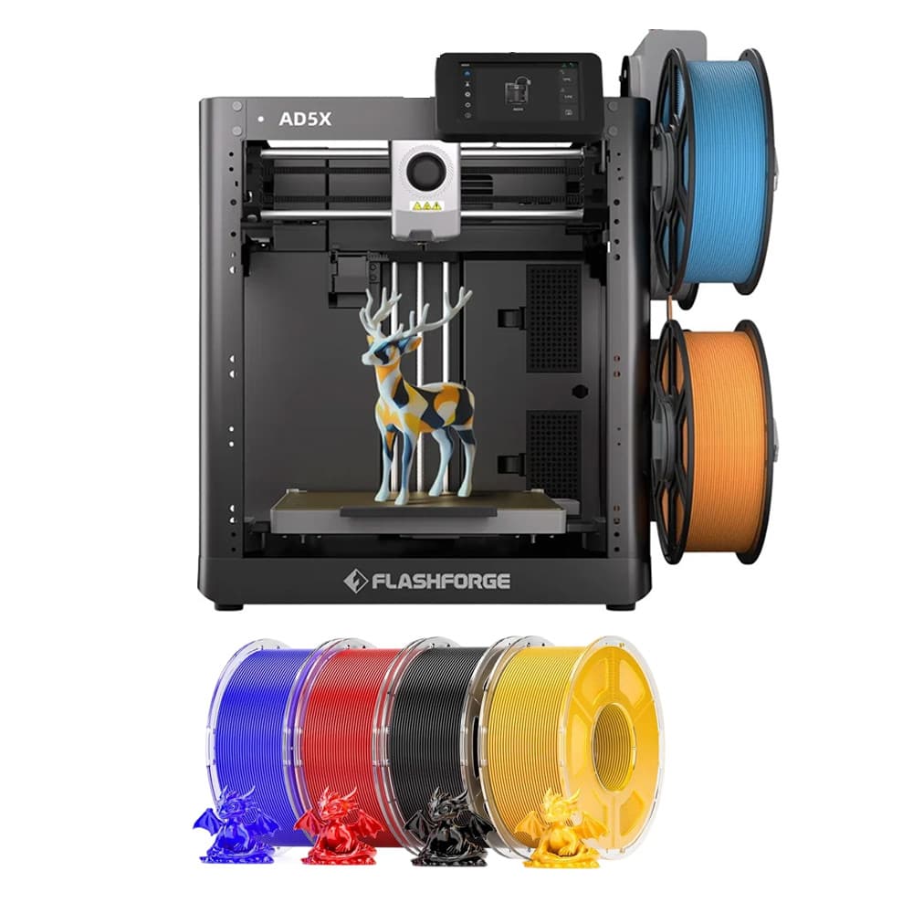Drukarka 3D Flashforge AD5X, 4 kg, filament Mecpow High-Speed PETG – czerwony, niebieski, czarny i żółty