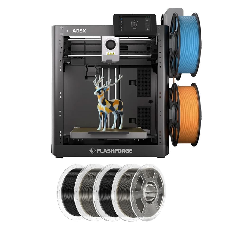 Drukarka 3D Flashforge AD5X, 4 kg, filament Mecpow High-Speed PETG, 2 kg, czarny/przezroczysty, dymny szary