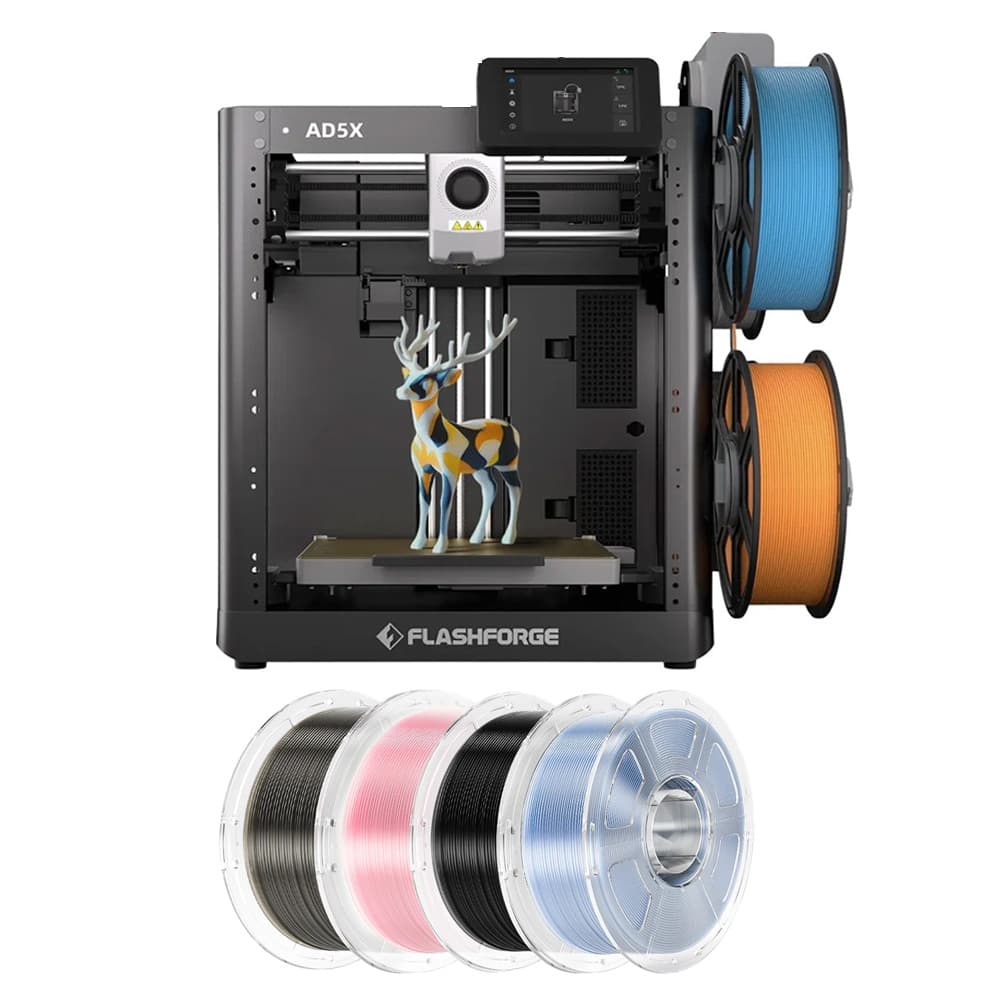 Drukarka 3D Flashforge AD5X, 4 kg, filament Mecpow High-Speed PETG – czarny/przezroczysty, jasnoróżowy/jasnoniebieski/dymnoszary