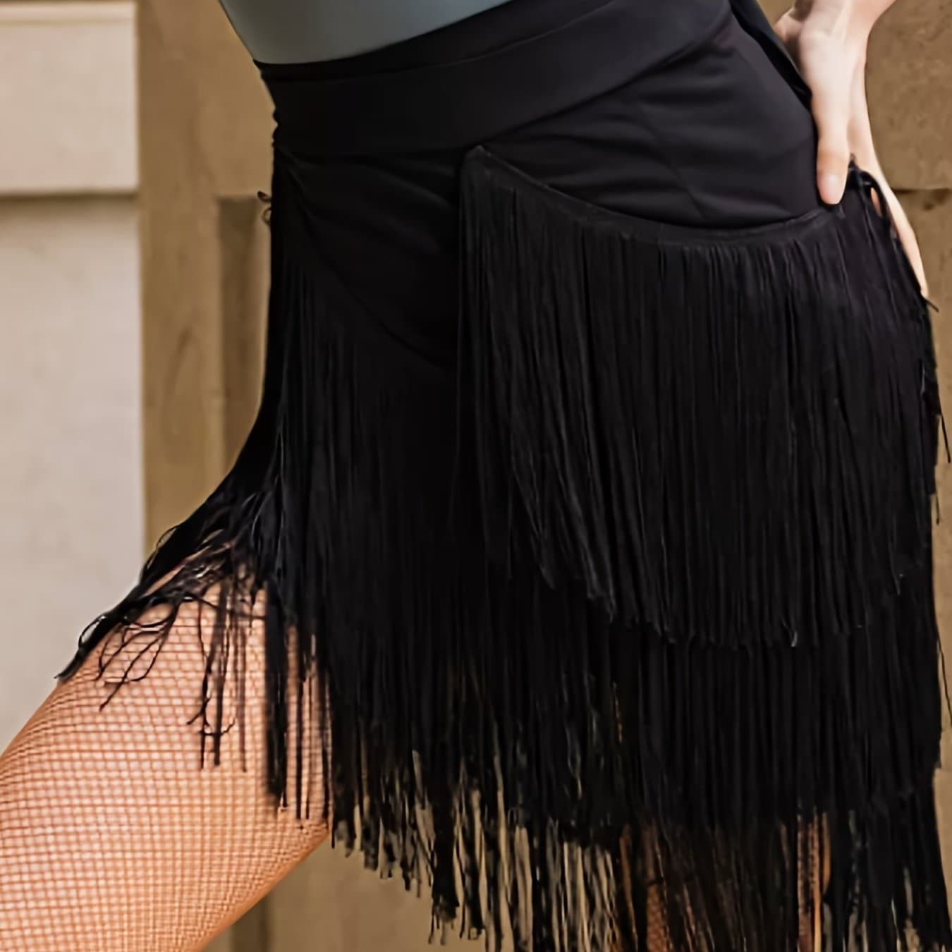 TEMU Black Tassel Trim Hip Wrap Short Skirt, Fashion High Waist Knot Latin Dance Ballroom Skirts, Women's Dance Skirt For Carnival & Music Festival