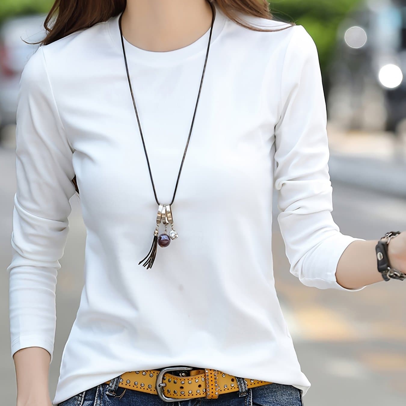 TEMU Women's Elegant Crew Neck T-shirt, Fabric, High Stretch Solid Color Top, Regular Length, 180gsm - Spring/summer Fashion