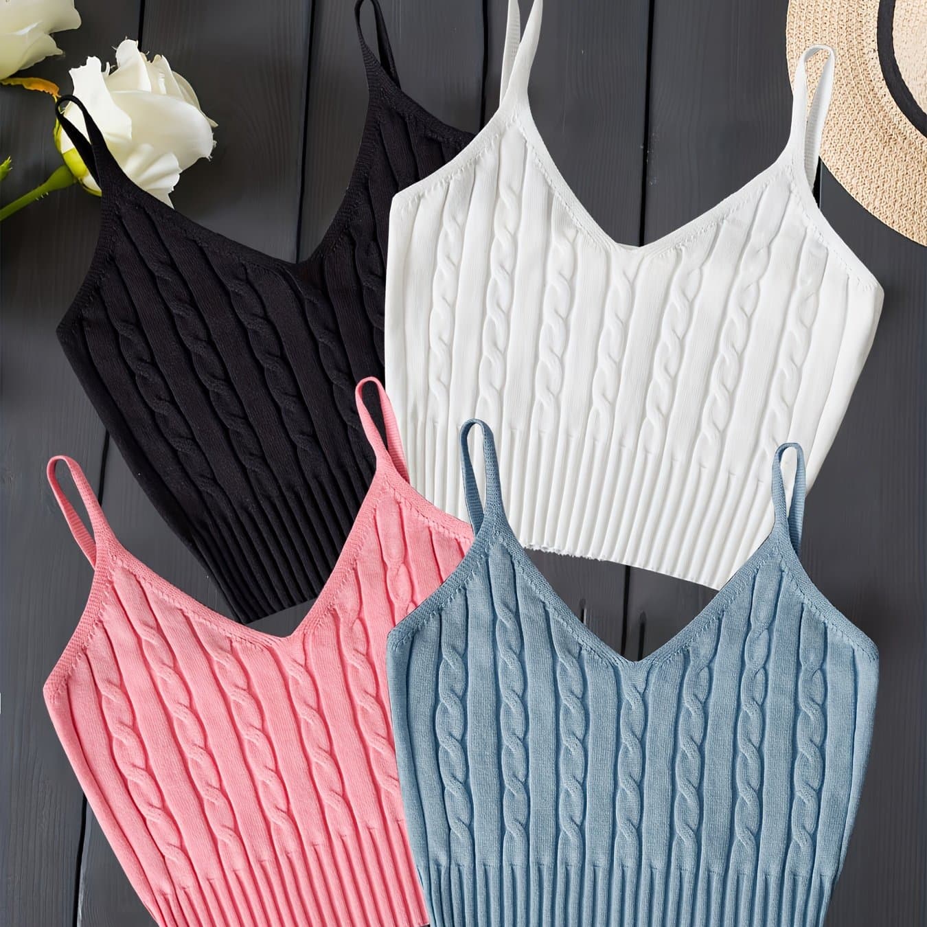TEMU 4pcs Versatile Slim Fit Camisole Outerwear Layering Vest Set, Solid Color With Twist Detail, V-neck For All