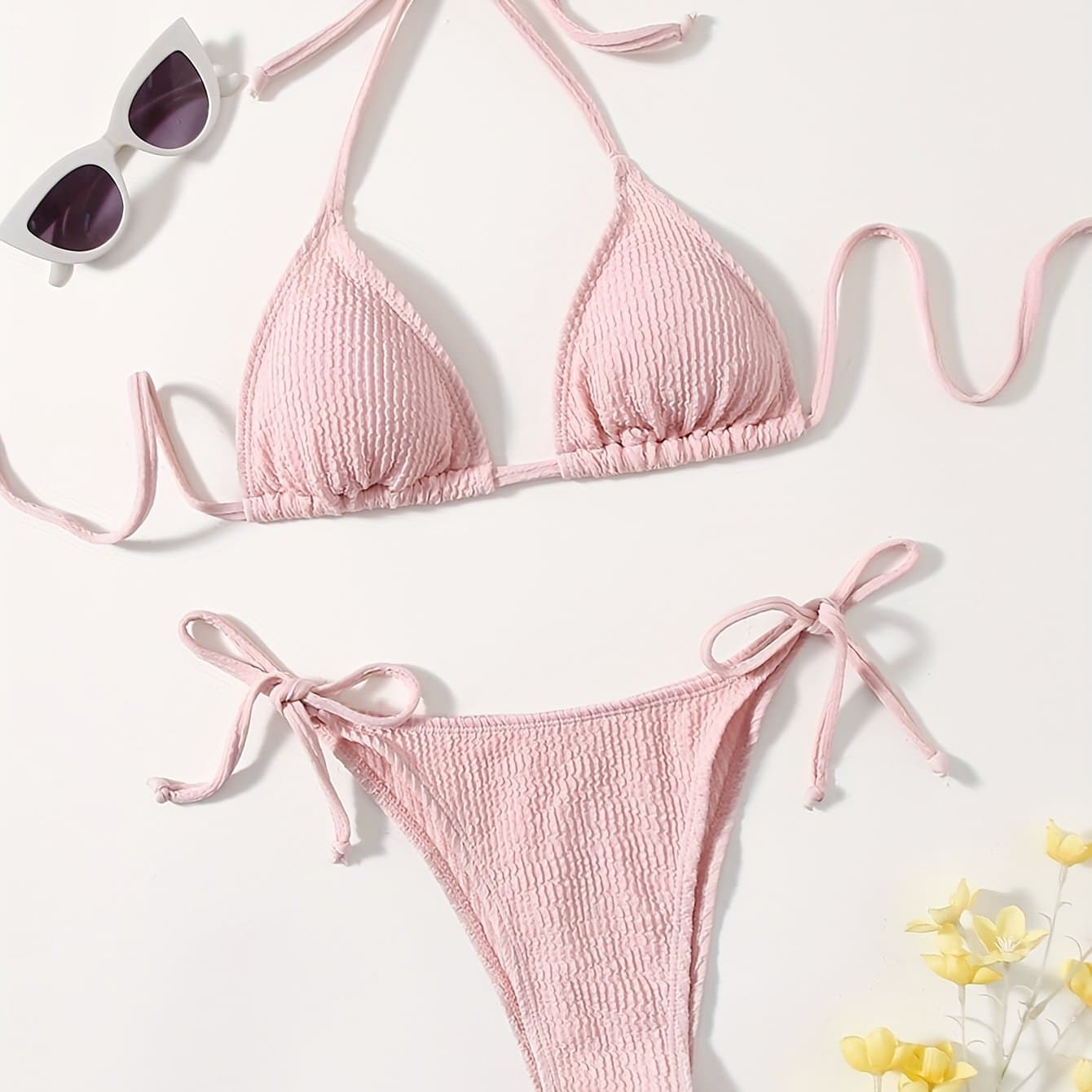TEMU Pink Textured Strap Thin Striped Bikini Set