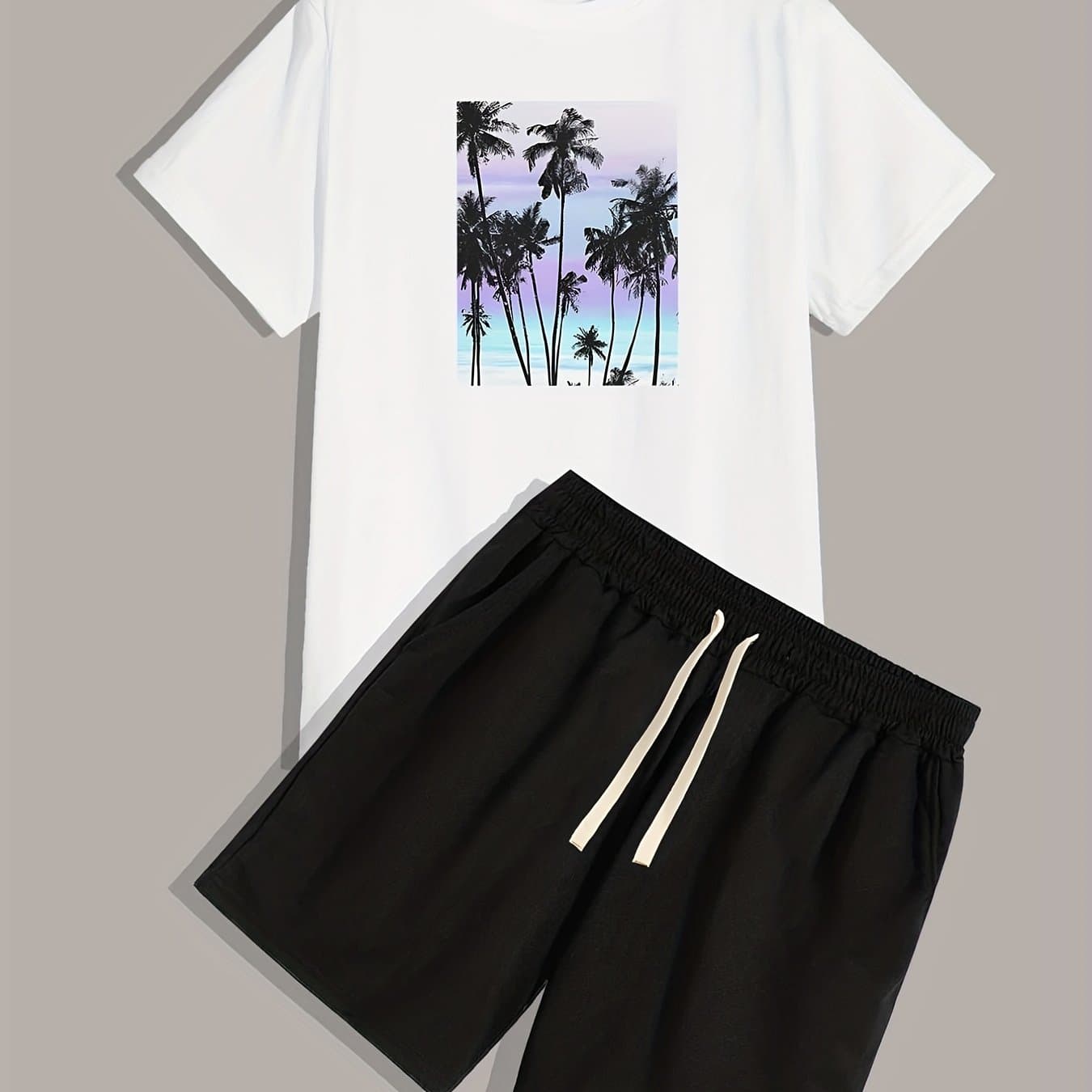 TEMU Colorful Coconut Tree, Men's 2pcs, Short Sleeve Round Neck T-shirt And Drawstring Shorts Set