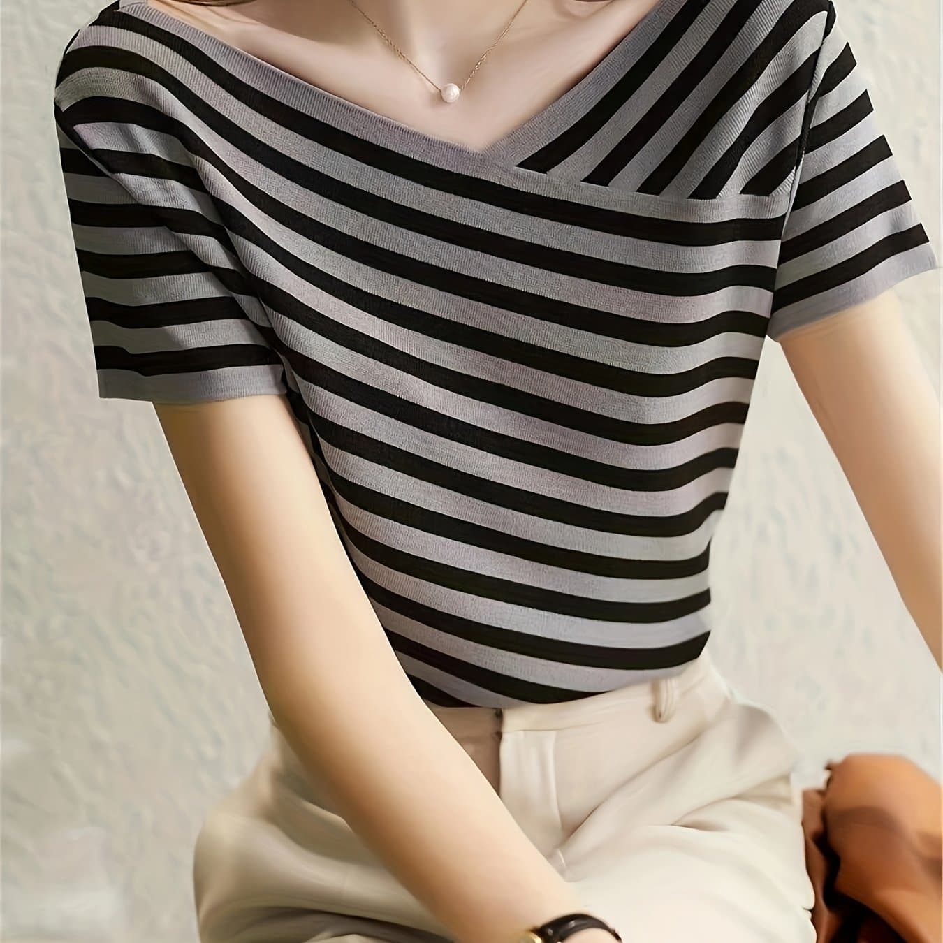 TEMU Ice Fiber Fabric V-neck Striped Casual Comfortable Versatile Sweater