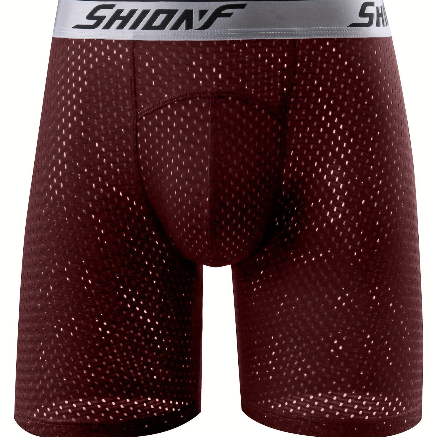 TEMU Extended Length Mesh Anti-chaf Men's Boxer Briefs, Dark Red, Plus Size
