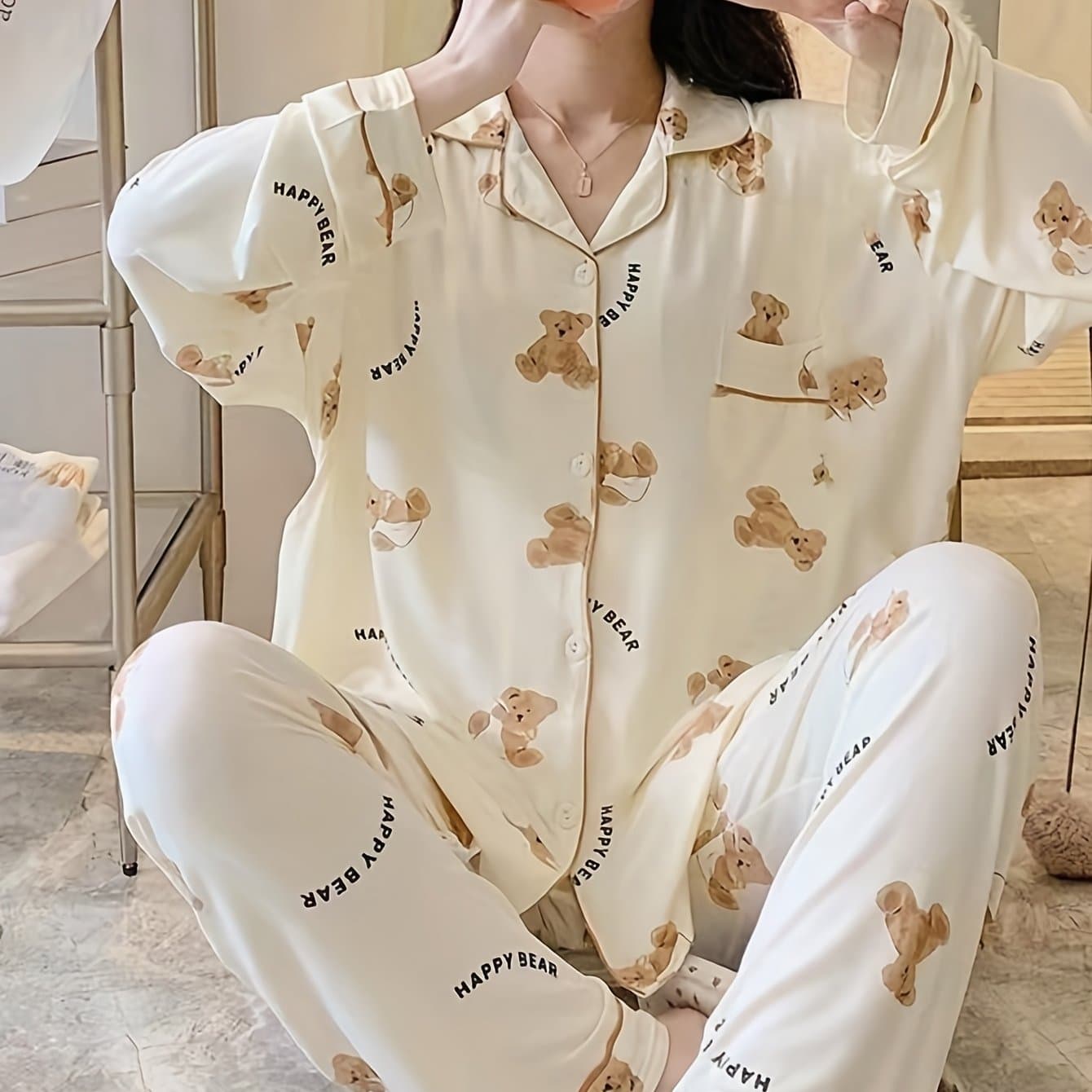TEMU Cartoon Bear Print Pajama Set, Cute Lapel Long Sleeve Blouse Top & Elastic Waistband Pants, Women's Loungewear & Sleepwear