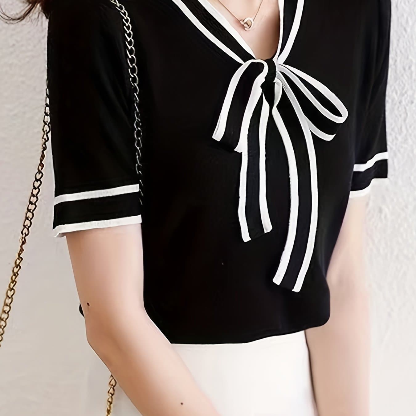 TEMU Women's V-neck Bow Tie Top - Striped Short Sleeve Shirt With Adjustable Waist Tie, Medium Stretch Casual Blouse For Spring Summer Fall, Machine Washable