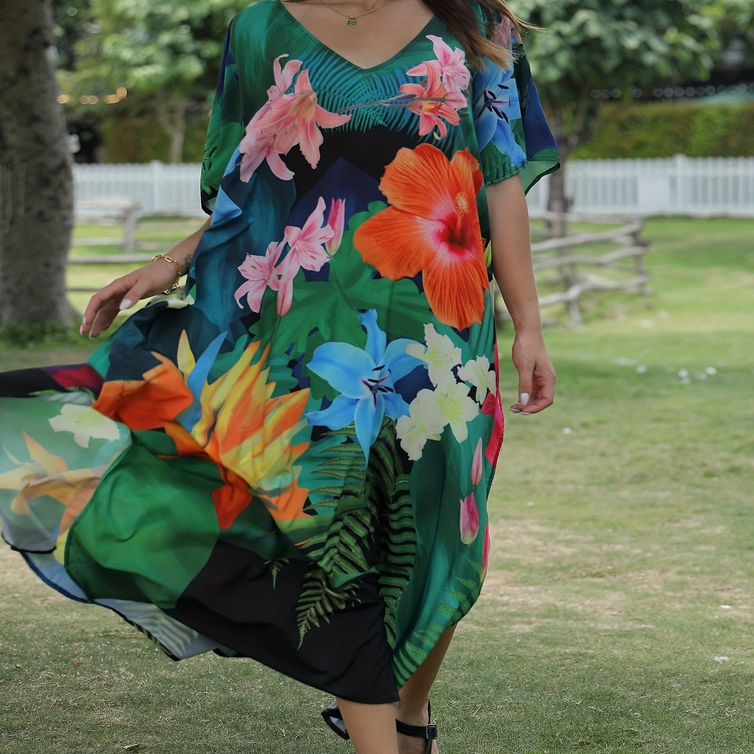 TEMU Women's Bohemian Beach Cover-up Dress - V-neck, Half Sleeve, Flowy Maxi Skirt With Vibrant Tropical Print, Plus Size, Summer Vacations And Beach , Beach Dress