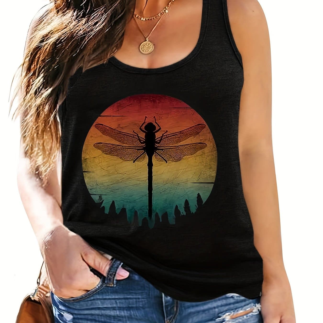 TEMU Plus Size Casual Tank Top, Women's Plus Dragonfly Print Round Neck Medium Stretch Tank Top