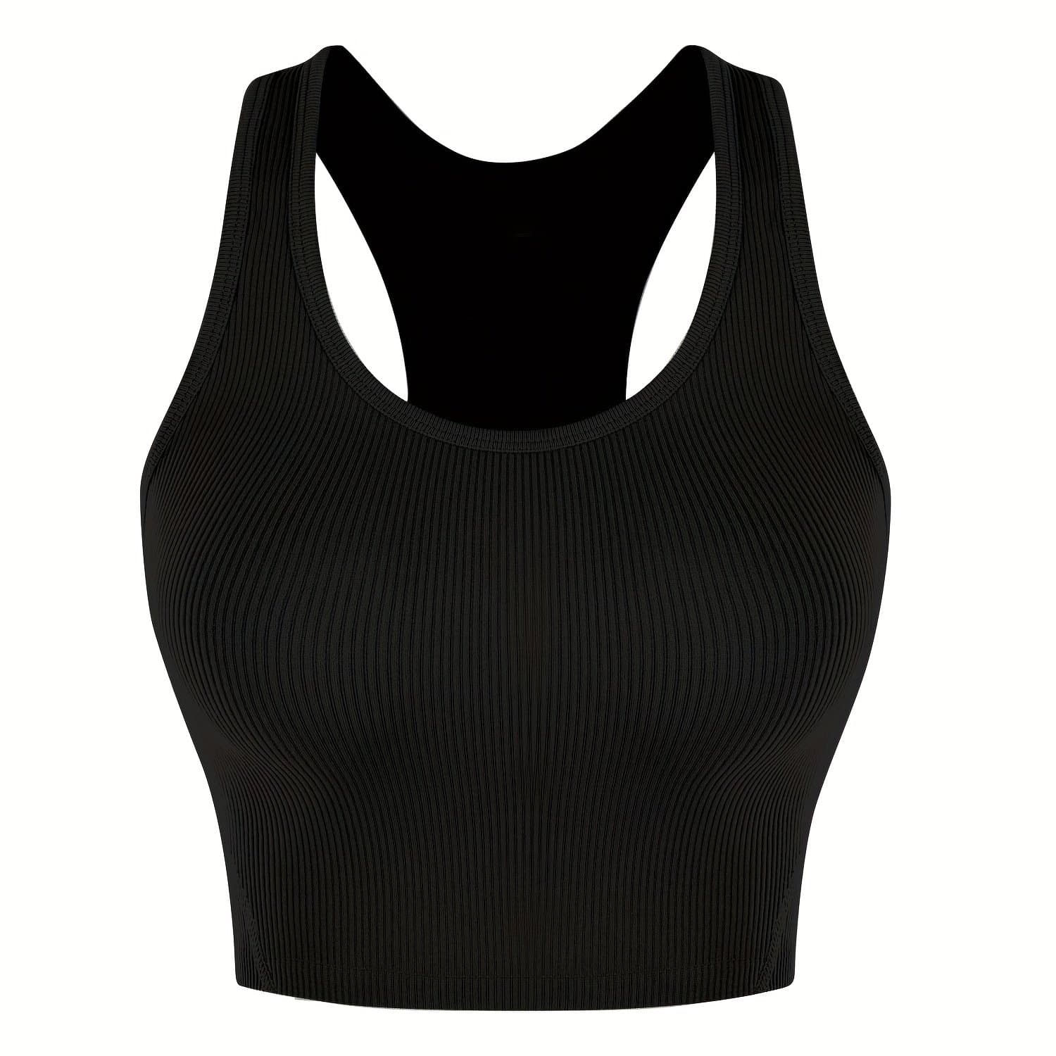 TEMU Fly Basic Crop Tops Racerback Yoga Vest | Women Gym Seamless Rib Tank Tops, Sleeveless, Crew Neck, Solid Color, High Stretch Fabric, Asymmetrical Hem, No Padding