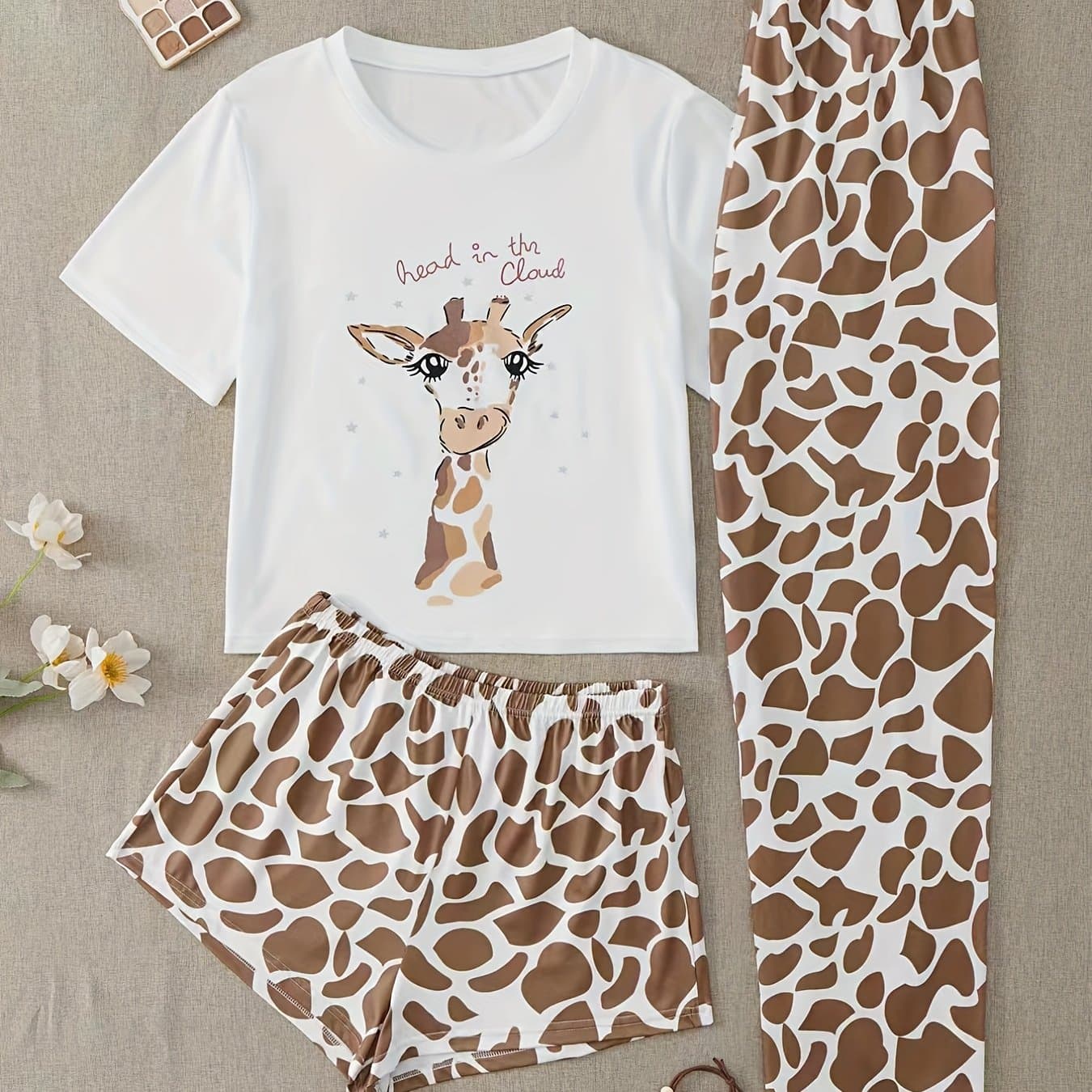 TEMU Women'-piece Panda Print Round Neck Top, Short Sleeve Shorts, And Pants Pajama Set