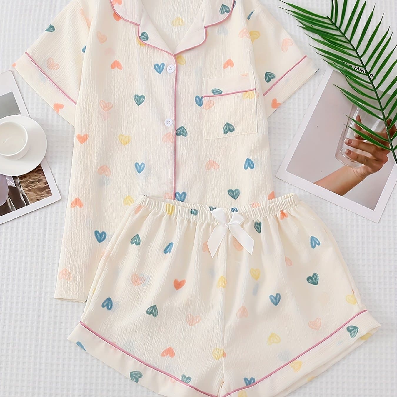 TEMU Heart Print Pajama Set, Short Sleeve Lapel Buttons Top & Elastic Waistband Shorts, Women's Sleepwear & Loungewear