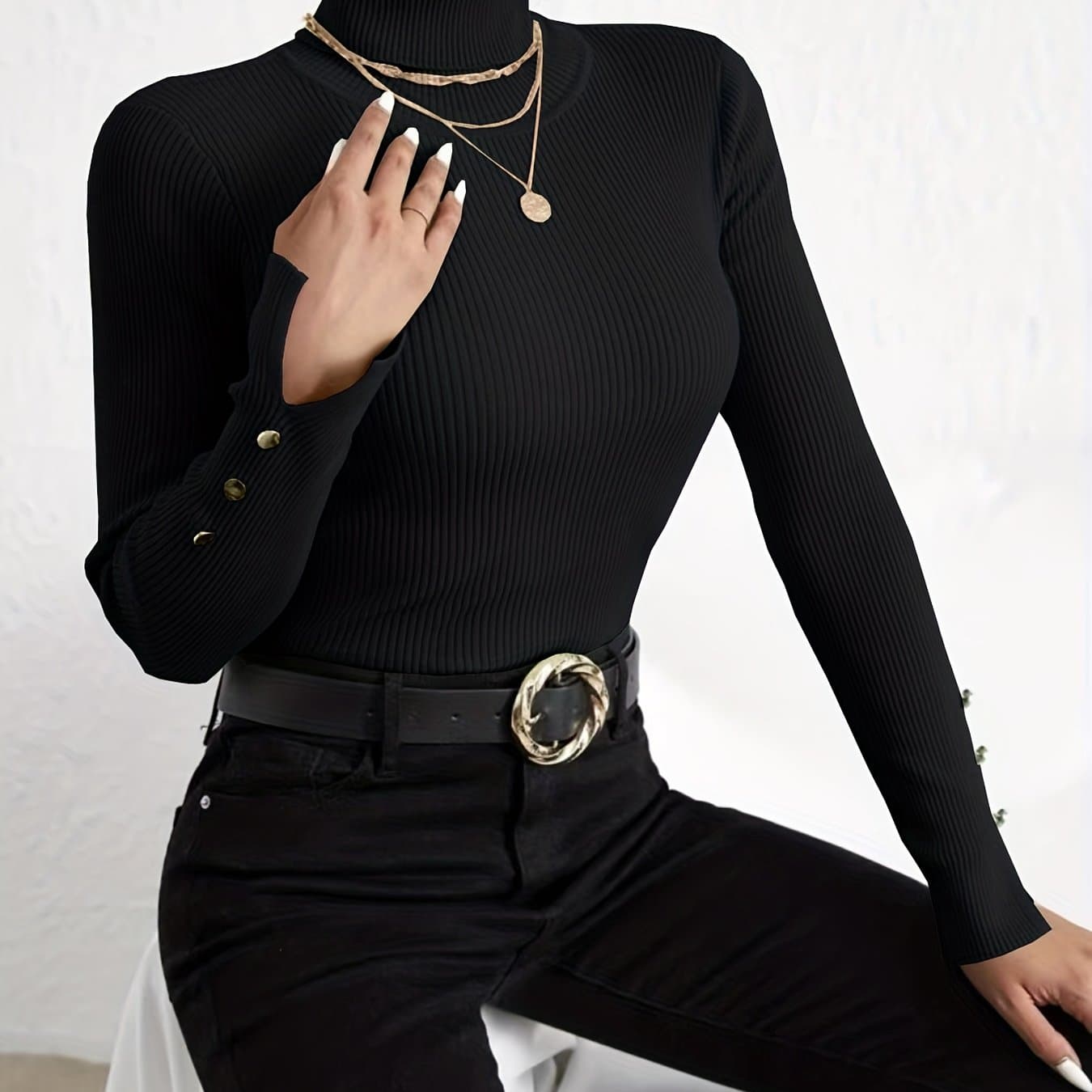 TEMU Solid Turtle Neck Slim Pullover Sweater, Casual Long Sleeve Fake Button Sweater For Fall & Winter, Women's Clothing