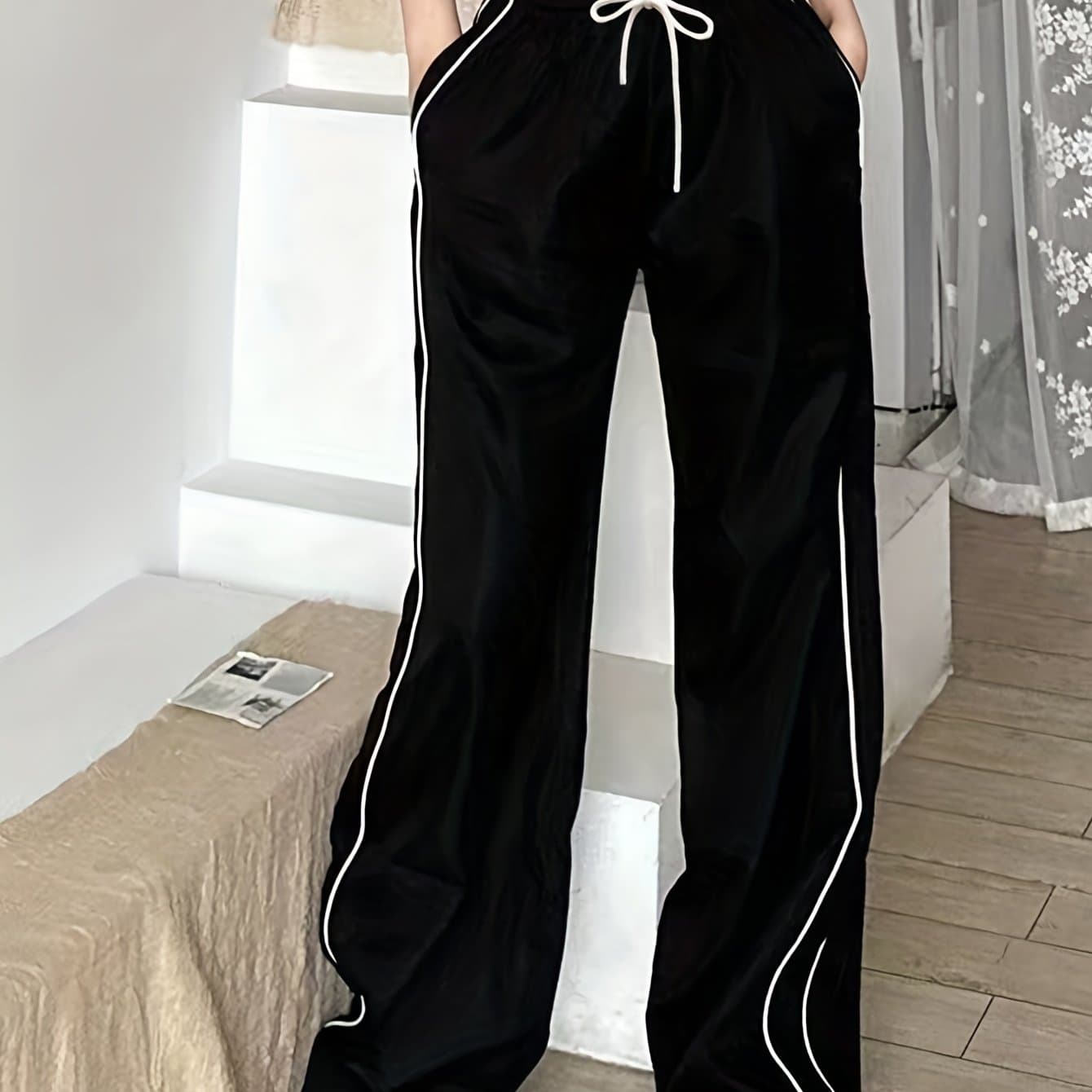 TEMU Binding Drawstring Waist Pants, Y2k Slant Pocket Baggy Pants, Women's Clothing