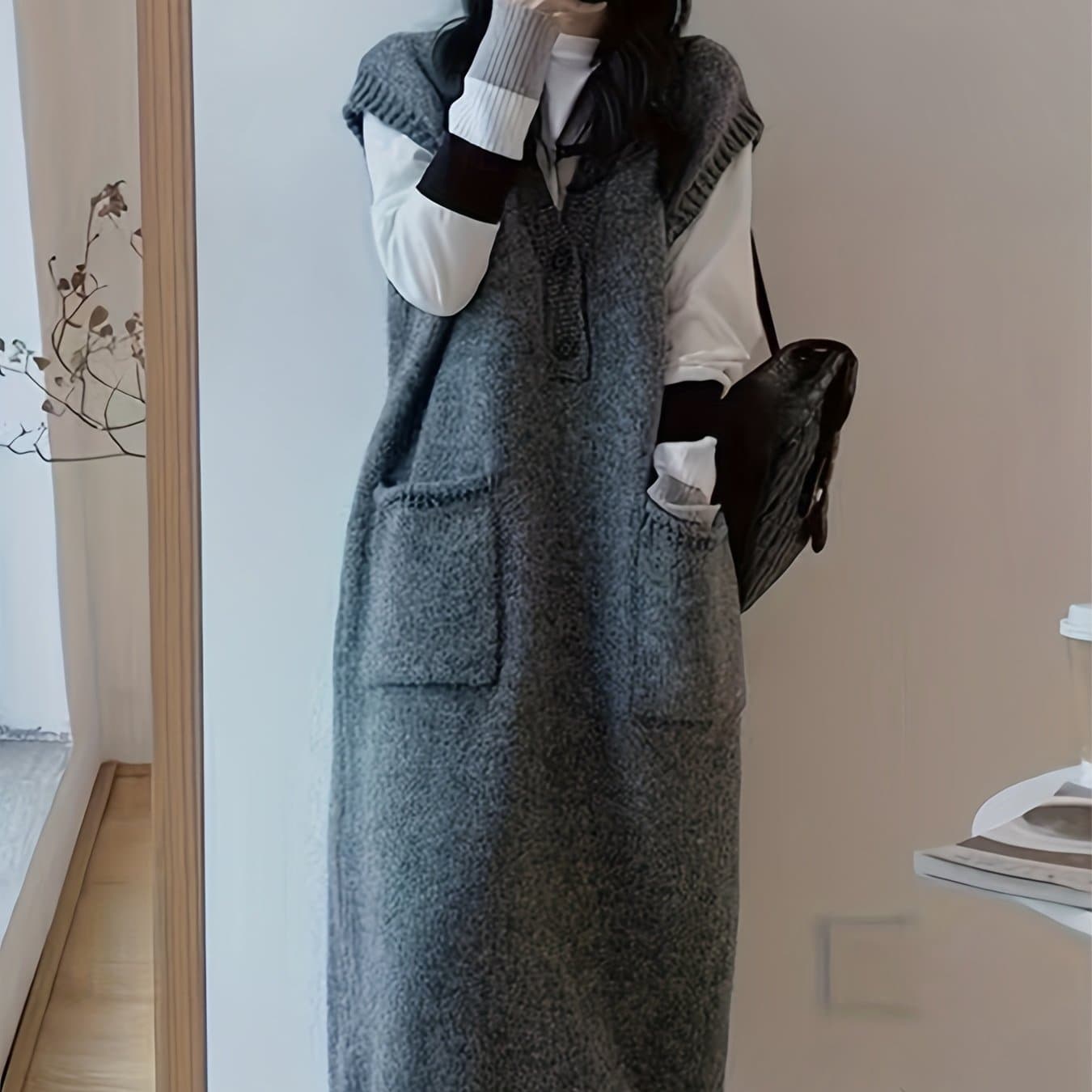 TEMU Vest Sweater Dress, Long Lazy Style Loose V-neck Vest Pullover Sleeveless Casual Comfortable Dress