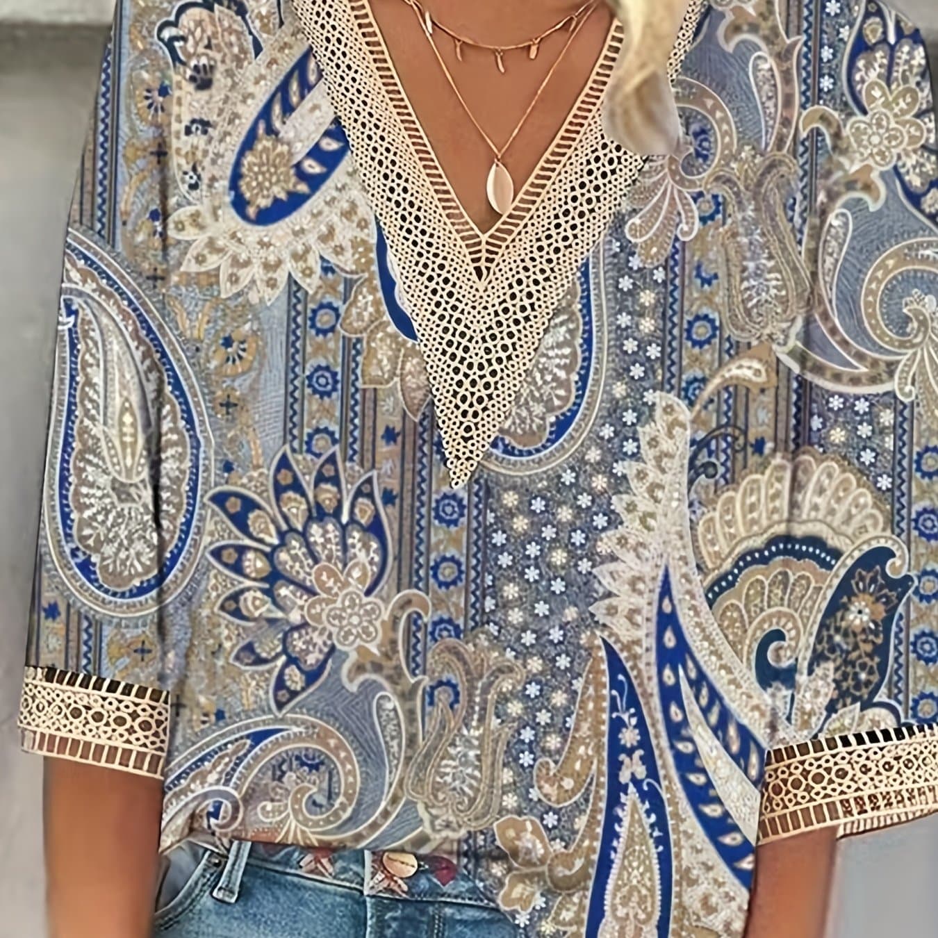 TEMU Plus Size Boho T-shirt, Women's Plus Paisley Print Contrast Lace Half Sleeve V Neck T-shirt