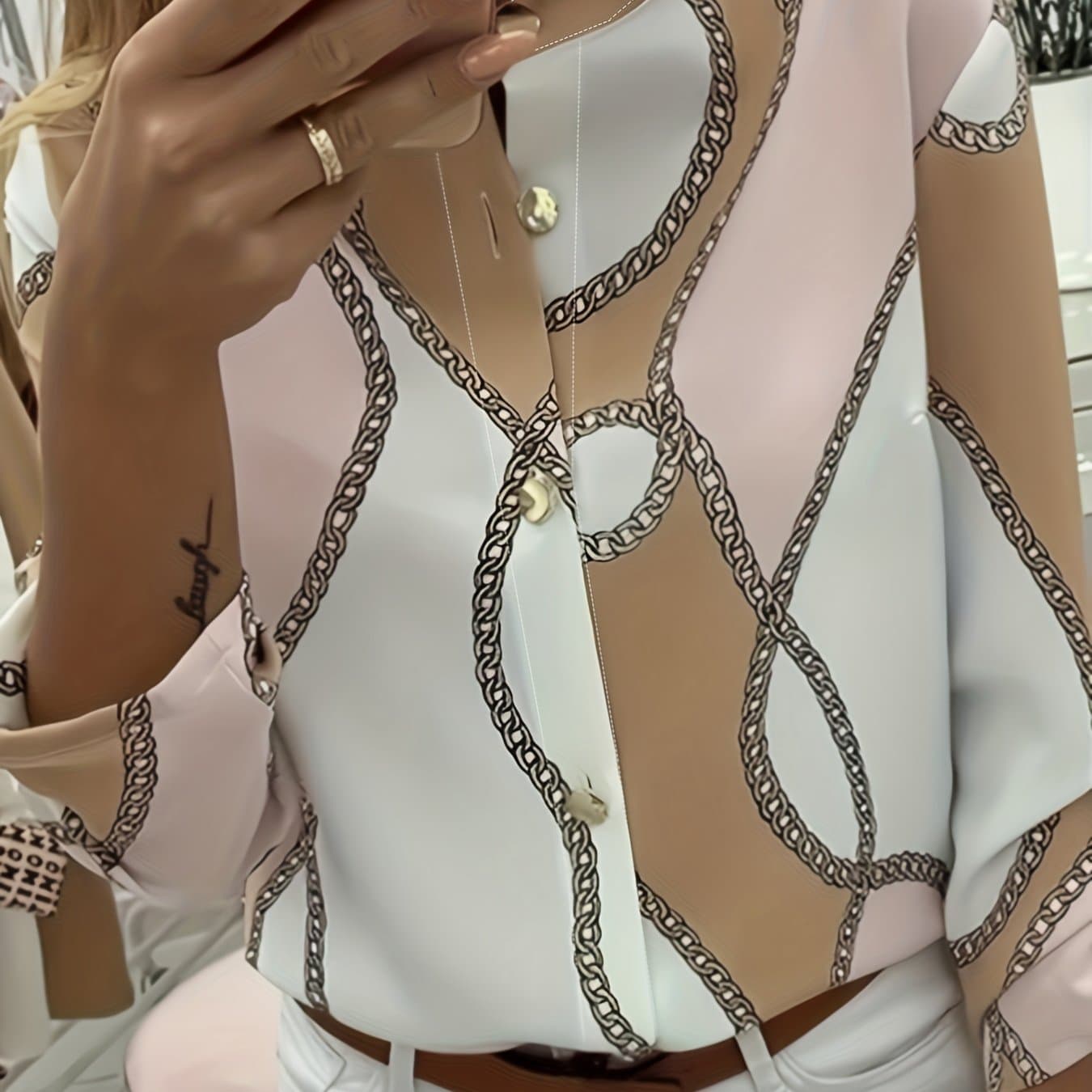 TEMU European And American Wish Autumn/winter Chain Print Collared Long Sleeve Shirt For Women