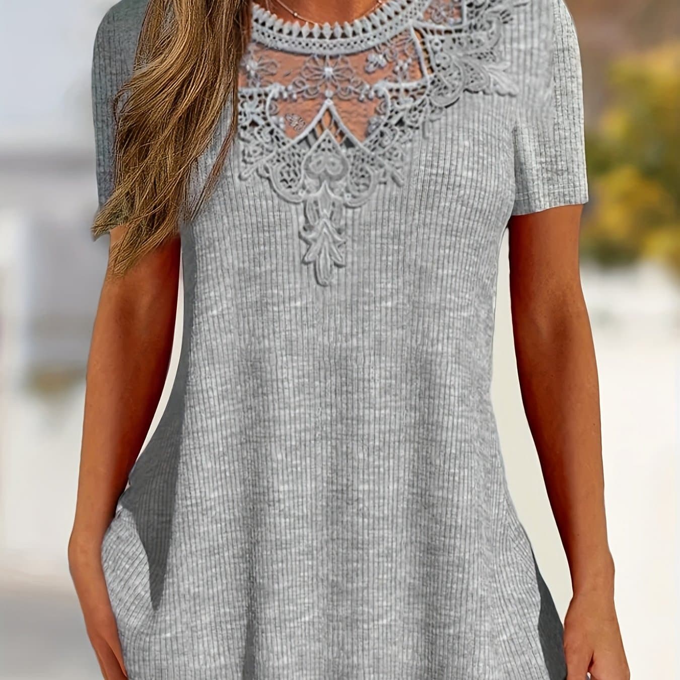 TEMU Contrast Lace Ribbed Top, Casual Short Sleeve Top For , Women's Clothing