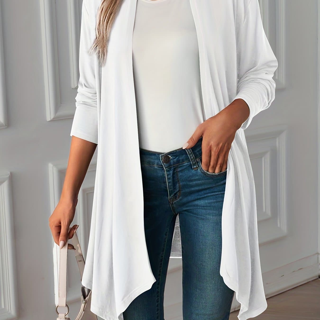 TEMU Plus Size Elegant Cardigan, Women's Plus Solid Long Sleeve Asymmetrical Hem Open Front Coat