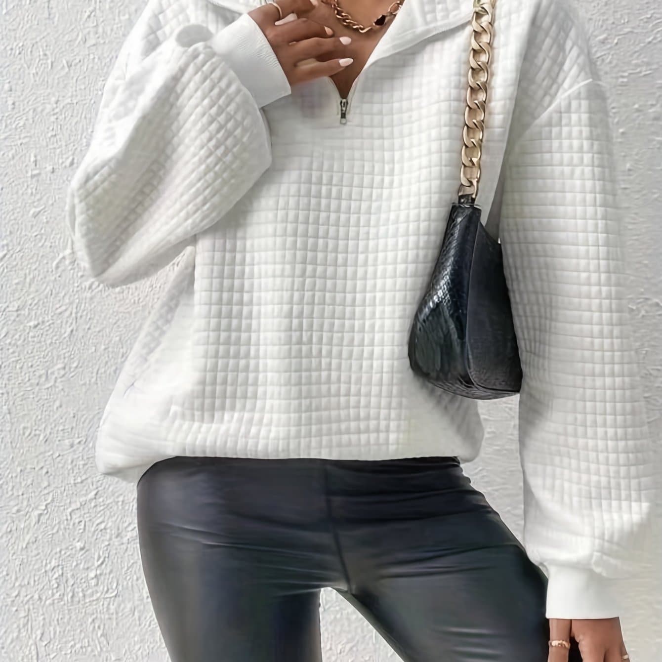 TEMU Comfortable And Loose Waffle Solid Standing Neck Zipper Long Sleeve Panel Women's Sweater