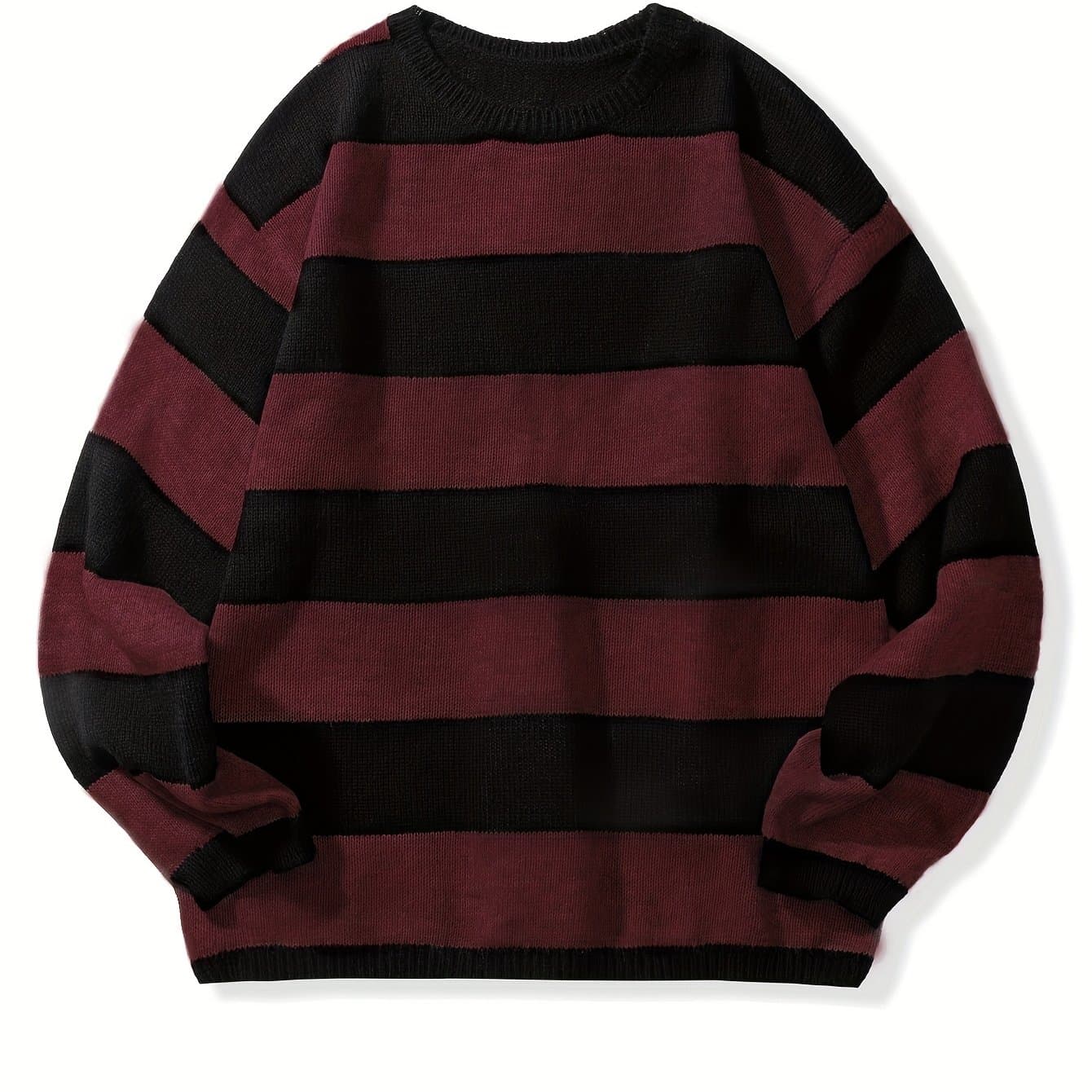 TEMU Preppy Retro Striped Pattern Knitted Sweater, Men's Casual Warm Slightly Stretch Crew Neck Pullover Sweater For Men Fall Winter,