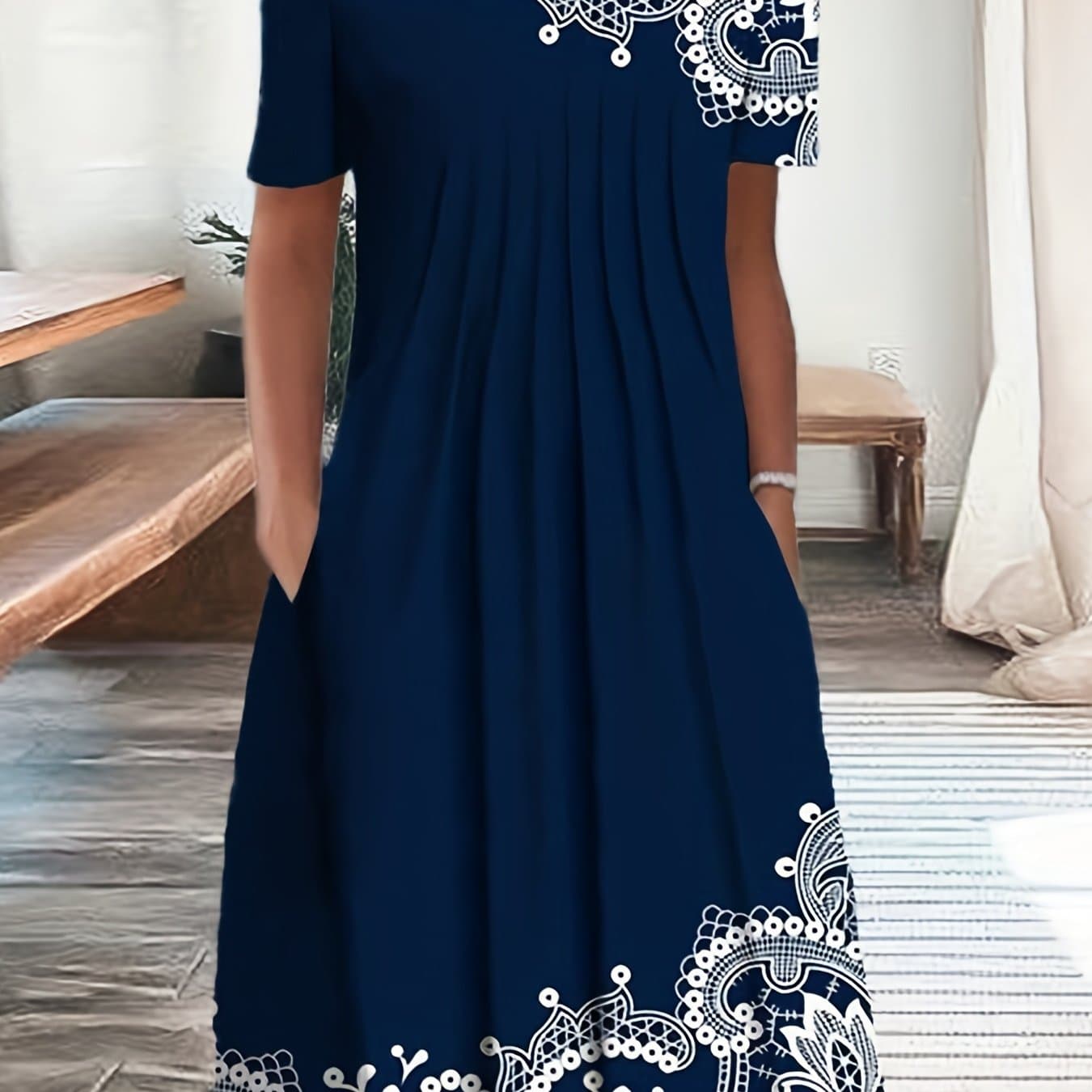 TEMU 2023 Short Sleeve Ruched Dress Casual Printed Skirt Fashion Women's Clothing