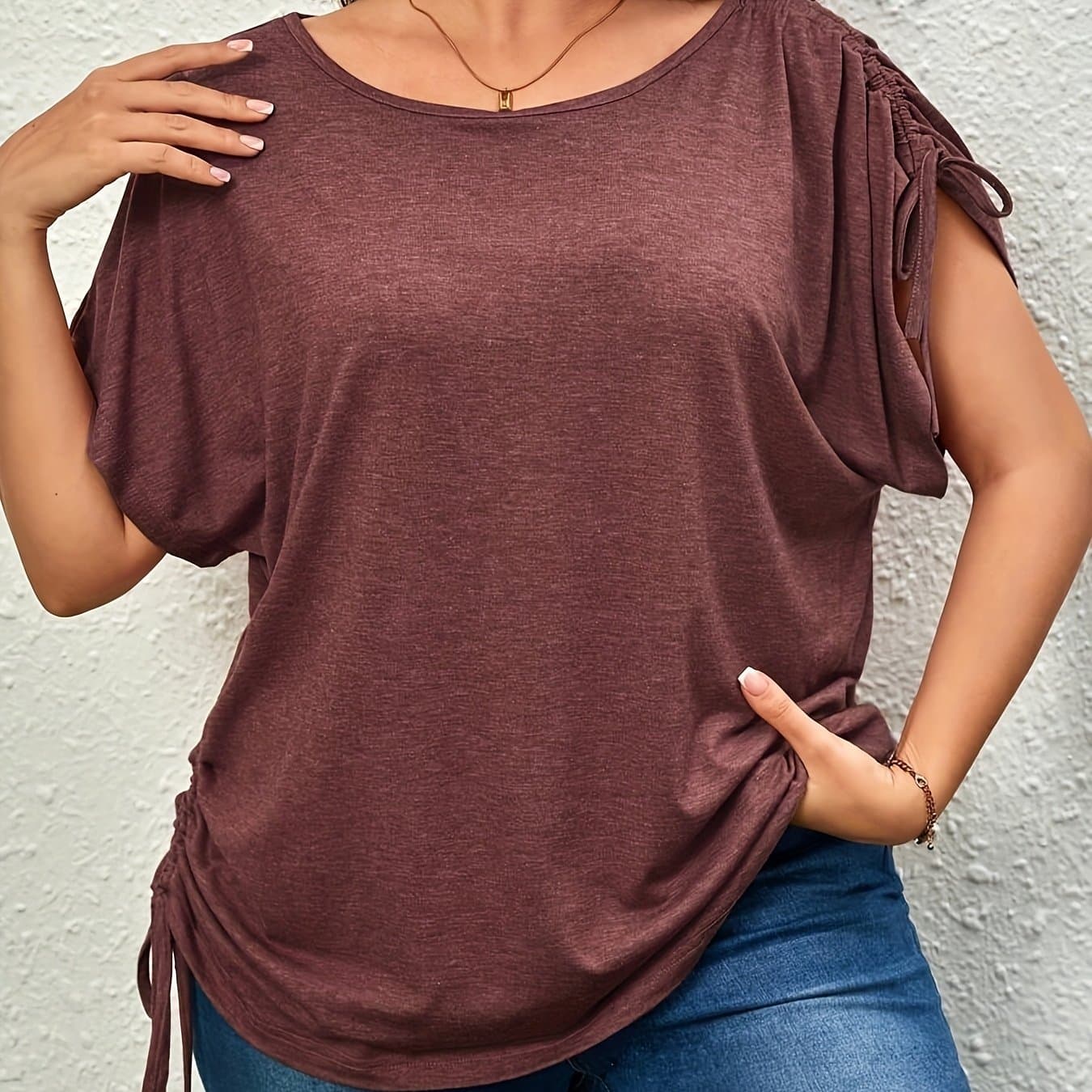 TEMU Plus Size - Plus Size - Bestie Irregular Size Women's Clothing Drawstring Short Sleeve T-shirt Women's Plus Size Versatile Top