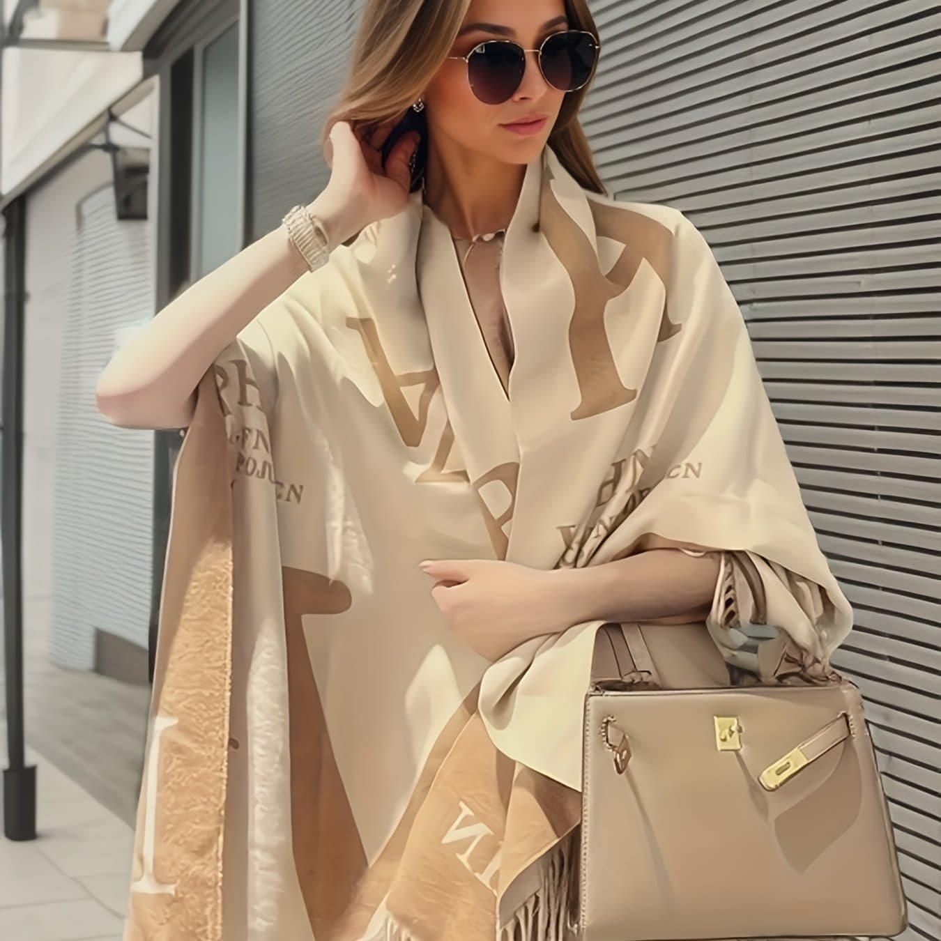TEMU Plus Size Elegant Coat, Women's Plus Letter Print Tassel Trim Batwing Sleeve Open Front Shawl Coat