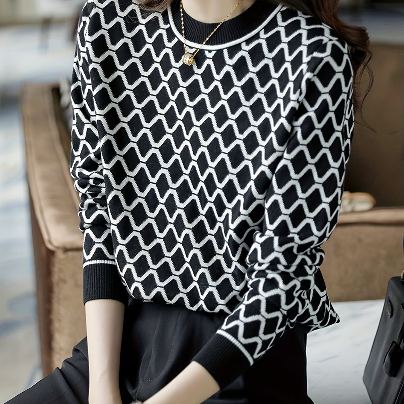 TEMU New Diamond Check Sweater Top