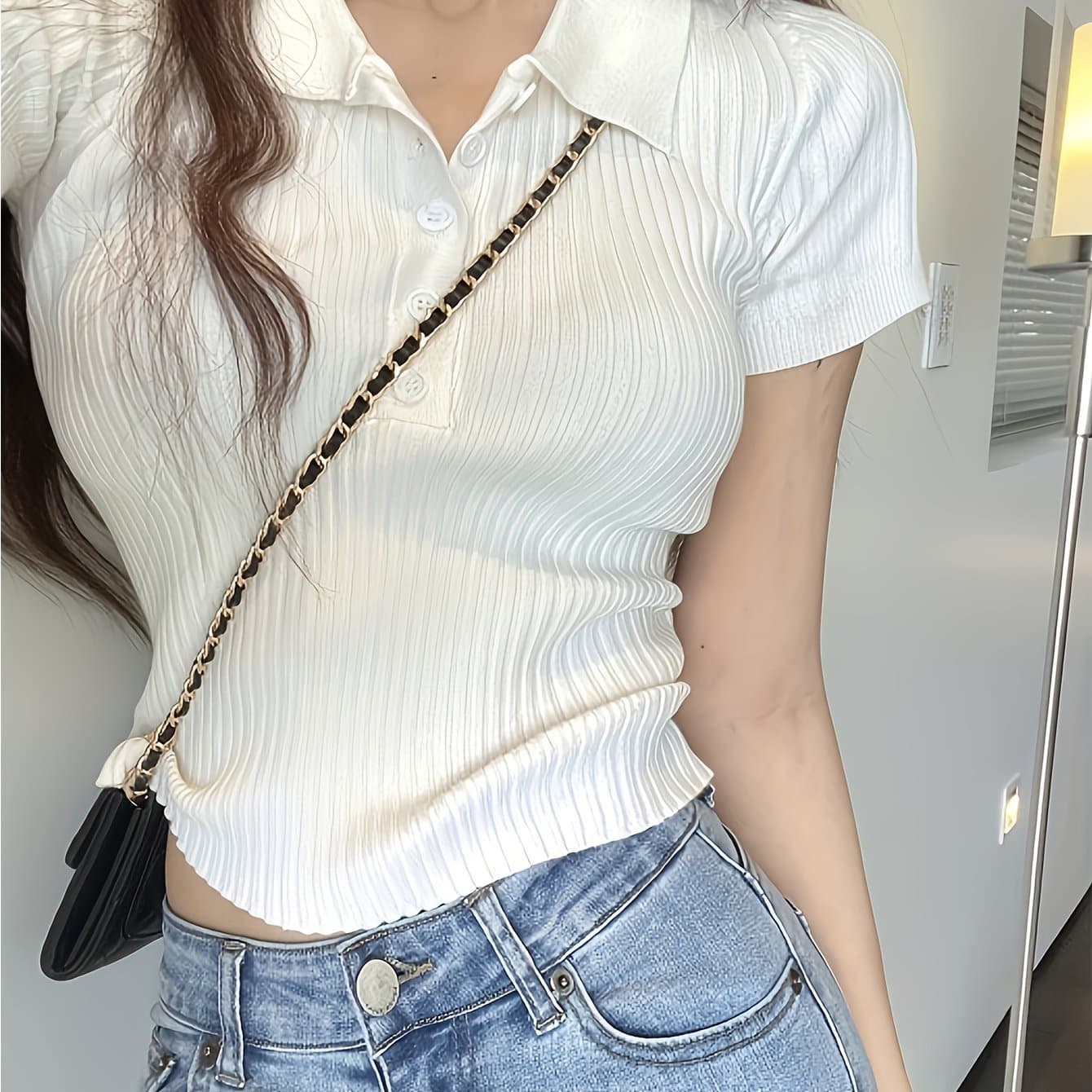 TEMU Short-sleeved Shirt, Solid Color, Short Top, Women's Summer Collar, High-waisted Ribbed T-shirt, Elastic Tight Top, Pullover Base Shirt, Thin Women's Spring And Summer