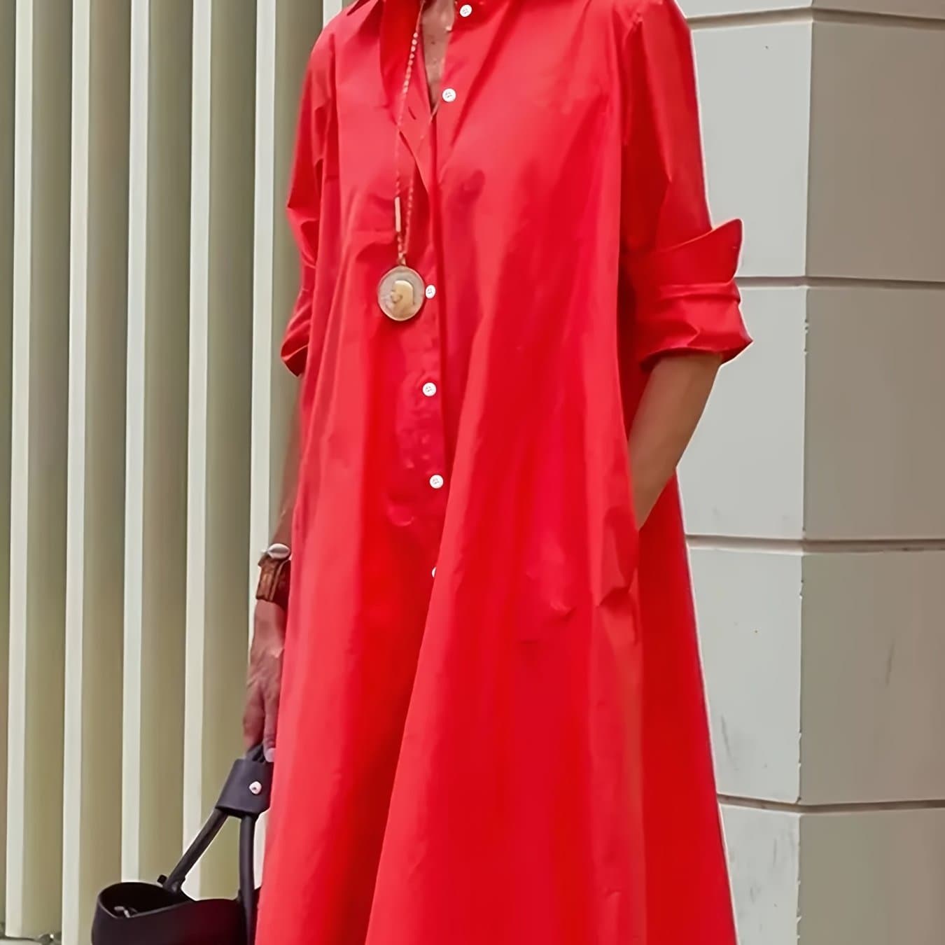 TEMU European And American Solid Color Loose Lapel Long Sleeve Shirt Dress