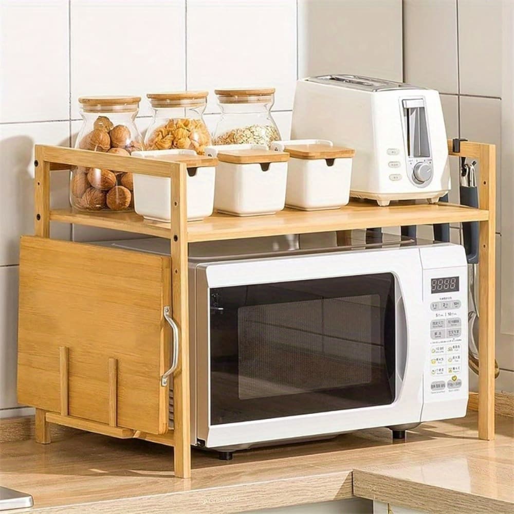 TEMU 2-in-1 Bamboo Microwave Shelf Stand Double-decker Space Saver With Hooks & Cutting Board Rack Multipurpose Kitchen Organizer For Spices, Oven & Small Spaces (553542cm, Natural )