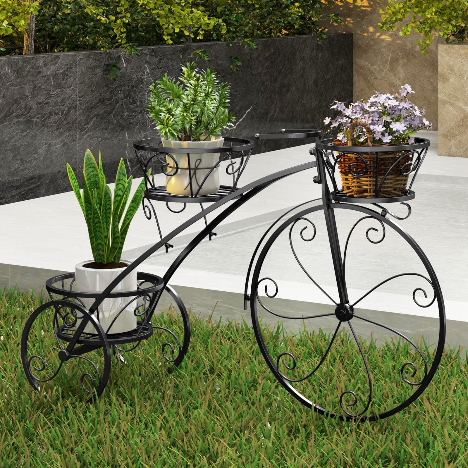 TEMU Costway Tricycle Plant Stand, Flower Pot Cart Holder W/3 Hollowed Baskets & Elegant Wheels, Parisian Style , 3-tiered Metal Standing Planter For Patio, Garden, Balcony Yard