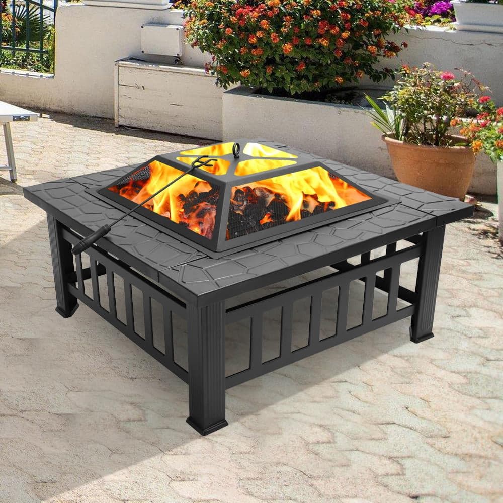 TEMU 28 Inch Outdoor Fire Pit Firepit Table Metal Outdoor Fireplaces For Outside Patio Camping Black