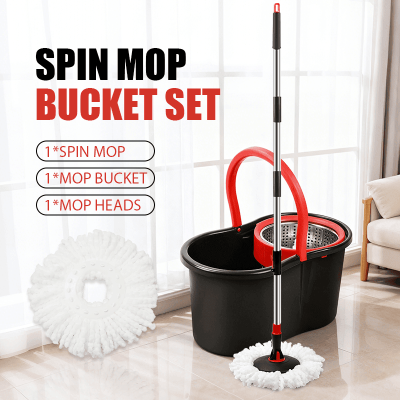 TEMU Mop And Bucket Set, Mop And Bucket With Wringer Set And 1 Microfiber Mop Refills, Stainless Steel, Extended Handle Spinning Mop Bucket For Floor Cleaning, Black